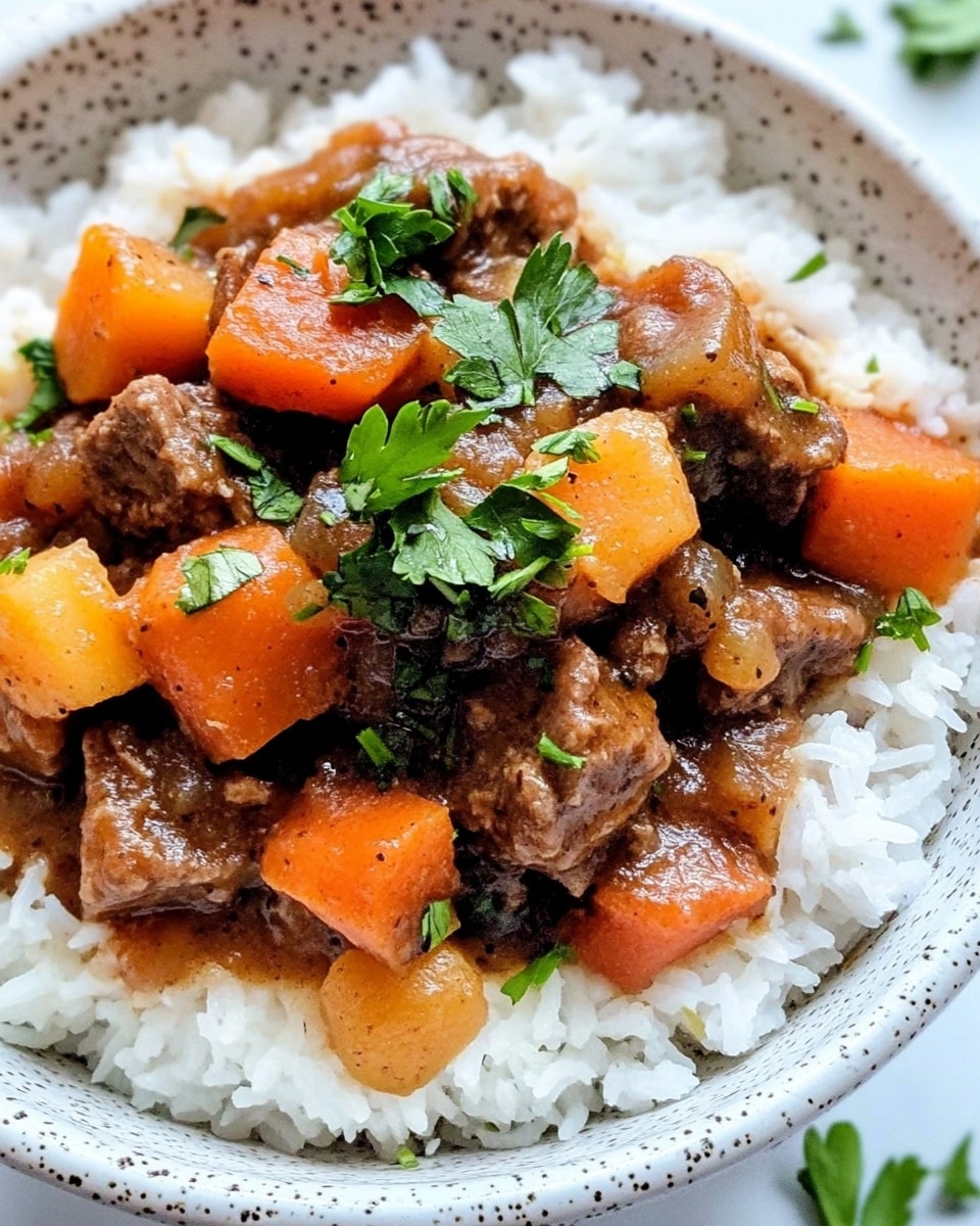 A white speckled bowl filled with a base layer of fluffy white rice, topped with a thick stew made of small chunks of browned meat and soft orange carrot pieces with some yellowish vegetables mixed in. The stew has a rich, slightly thick brown sauce with visible black pepper specks and is garnished with fresh bright green parsley leaves placed in the center. The bowl sits on a white marbled surface with scattered parsley leaves around it. photo taken with an iphone --ar 4:5 --v 6.1