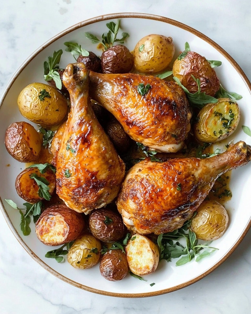 The dish shows a whole roasted chicken cut into four large pieces placed on a white plate. The chicken skin is deep golden brown with crispy texture and sprinkled with chopped green herbs on top. Surrounding the chicken are small roasted golden-yellow potatoes, some halved to show soft inside, mixed with caramelized slices of red onion. The plate sits on a white marbled surface, and a woman's hand is holding one edge of the plate. photo taken with an iphone --ar 4:5 --v 6.1