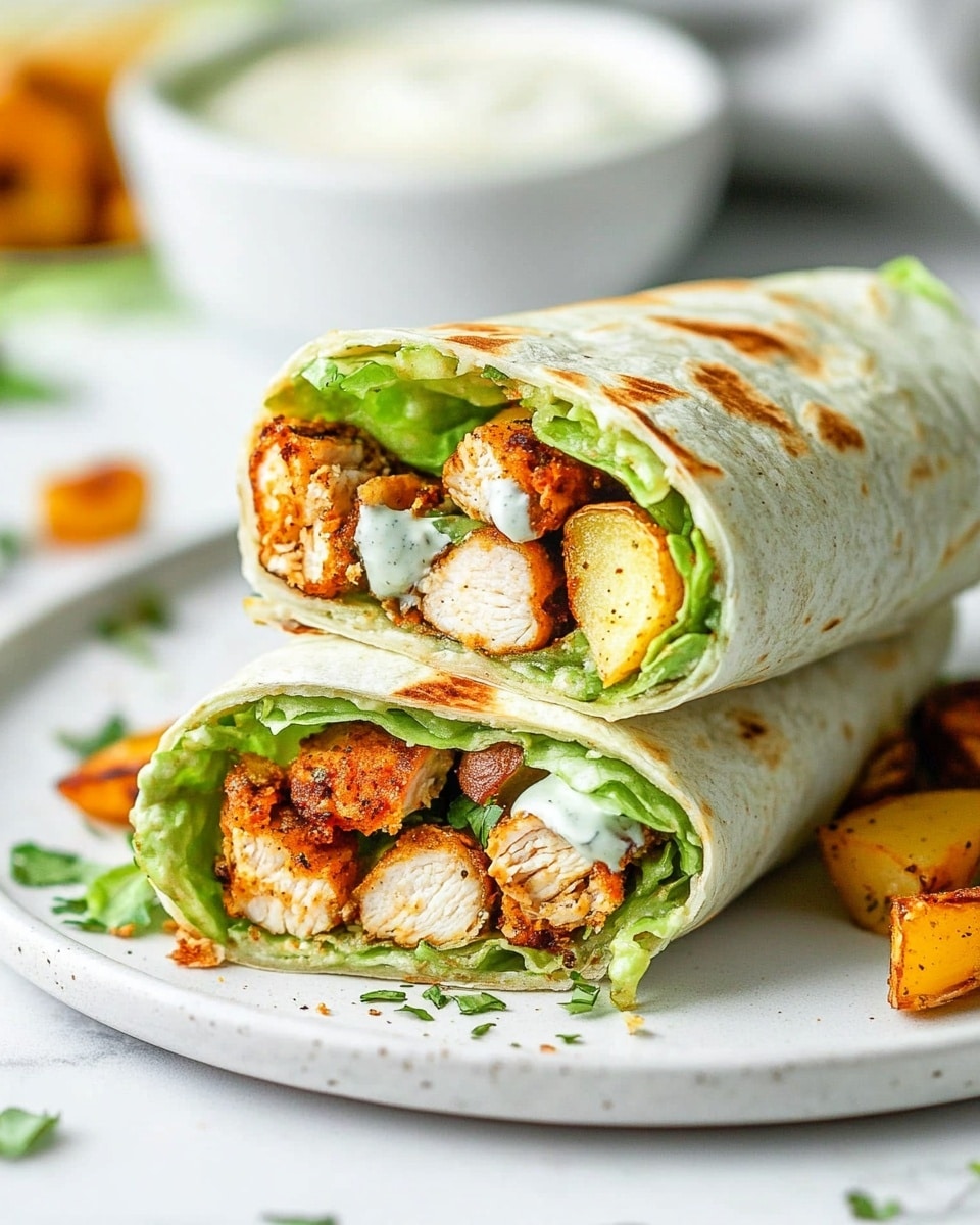 Two wrap halves are stacked on a white plate with scattered bits of lettuce and roasted potato pieces around them. Each wrap has three visible layers inside: a soft pale green tortilla on the outside, a middle layer of crispy lettuce with creamy white sauce, and chunks of browned roasted chicken and golden roasted potatoes inside. The background shows a blurred white bowl with more roasted pieces and a small white bowl with creamy sauce next to the plate, all set on a white marbled surface. photo taken with an iphone --ar 4:5 --v 6.1
