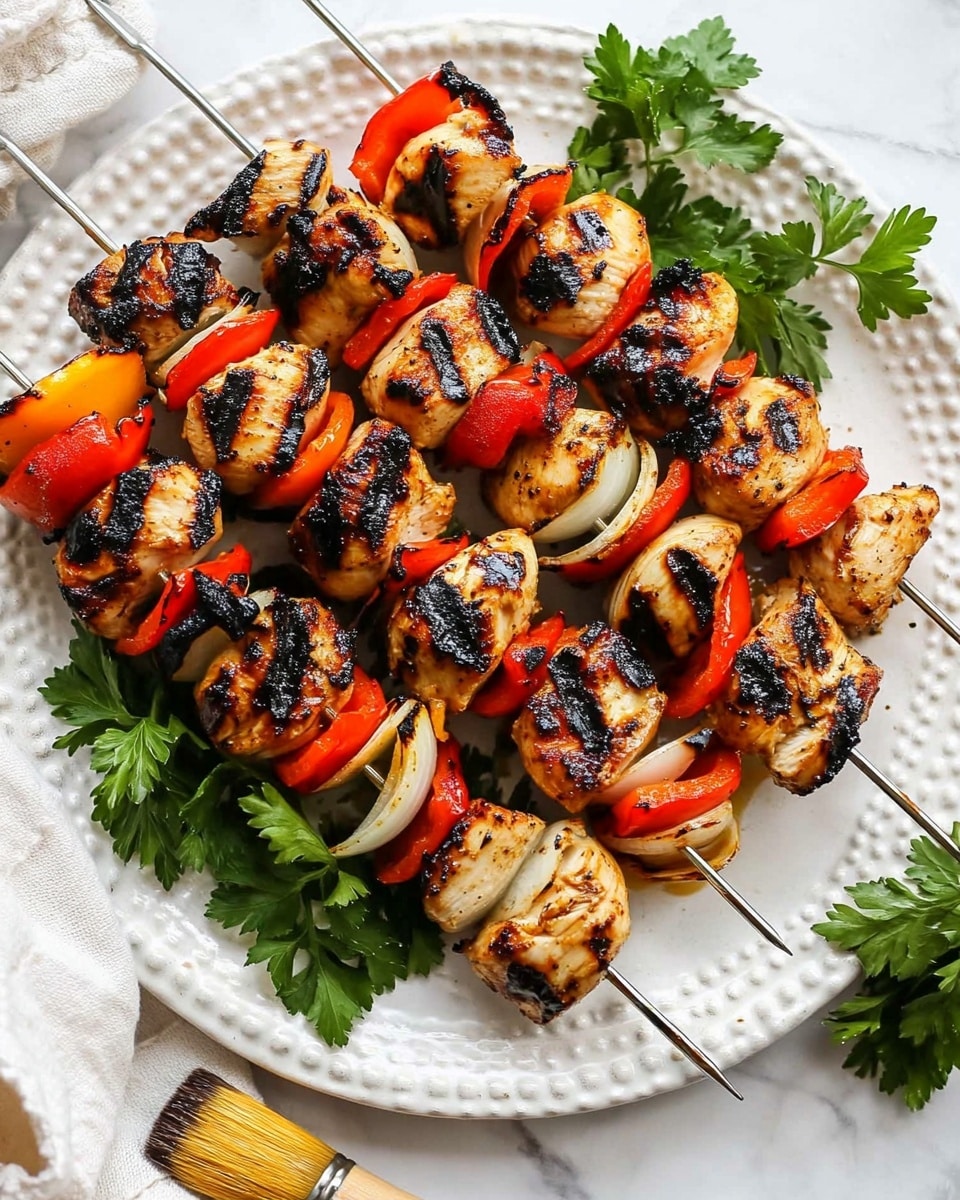 The image shows five metal skewers of grilled chicken kebabs arranged on a white plate with a beaded edge. Each skewer has a repeating pattern of three types of layers: golden-brown grilled chicken pieces with black char marks, bright red bell pepper chunks, and white onion pieces with light grill marks. The skewers are placed close together and slightly overlapping on the plate. Fresh green parsley sprigs decorate the edges of the plate. A wooden brush with mustard-colored sauce rests on the plate near the bottom. The plate and food sit on a white marbled surface with a light-colored cloth partially visible on the left side. Photo taken with an iphone --ar 4:5 --v 6.1