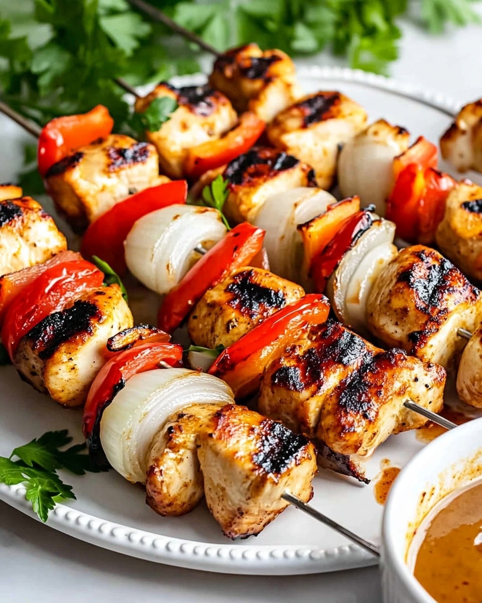 Three metal skewers lay horizontally on a white plate with a beaded edge, each skewer holding five layers of grilled chicken pieces in light golden brown with char marks, white onion slices that are slightly translucent with browned edges, and red bell pepper slices that show blackened grill spots and a glossy surface; fresh green parsley sprigs garnish the plate edges. In the foreground to the right, part of a white bowl with light brown sauce is visible on a white marbled surface. The overall setting is bright and clean. photo taken with an iphone --ar 4:5 --v 6.1