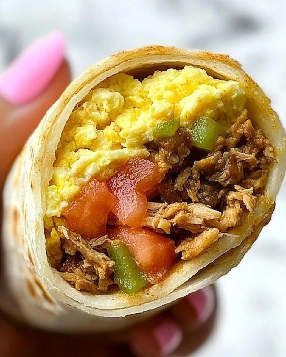 A close-up image of a burrito held by a woman's hand with pink painted nails, showing three layers inside. The outer layer is a light brown tortilla with a slightly rough texture. Inside, the top layer is fluffy scrambled eggs in bright yellow, the middle layer is shredded meat in dark brown with a tender look, and the bottom layer contains small pieces of fresh tomatoes and green bell peppers, adding spots of red and green. The blurred background has a white marbled surface. Photo taken with an iphone --ar 4:5 --v 6.1
