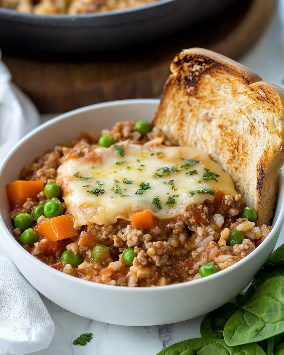 The image shows a white bowl with three layers: the bottom layer is a mix of cooked ground meat and rice with small pieces of orange carrot, green peas, and red tomato, giving a colorful, textured look; on top of this is a melted layer of cheese that is creamy white and slightly stringy; leaning against the bowl's edge is a golden brown toast with visible green herbs and a crunchy texture; to the right side inside the bowl is a small pile of fresh, dark green spinach leaves with smooth surfaces. The bowl sits on a white marbled surface with a white cloth nearby. In the background, there are more slices of the golden brown toast stacked loosely and a metal pan. A woman's hand is not visible but implied in the scene. Photo taken with an iphone --ar 4:5 --v 6.1