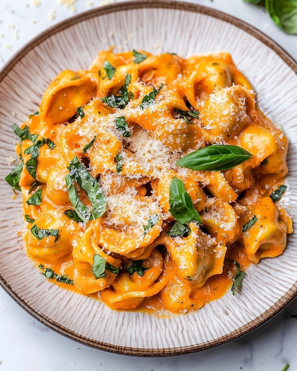 A close-up of a white cooking pan filled with creamy orange sauce pasta. The pasta pieces are folded and filled, covered in a thick, smooth sauce. There are visible small chunks of light-colored meat or tofu mixed in, with fresh chopped green herbs scattered on top and within the sauce. Some grated white cheese is sprinkled over the pasta, with a few black pepper flakes visible. The pan rests on a white marbled surface. photo taken with an iphone --ar 4:5 --v 6.1