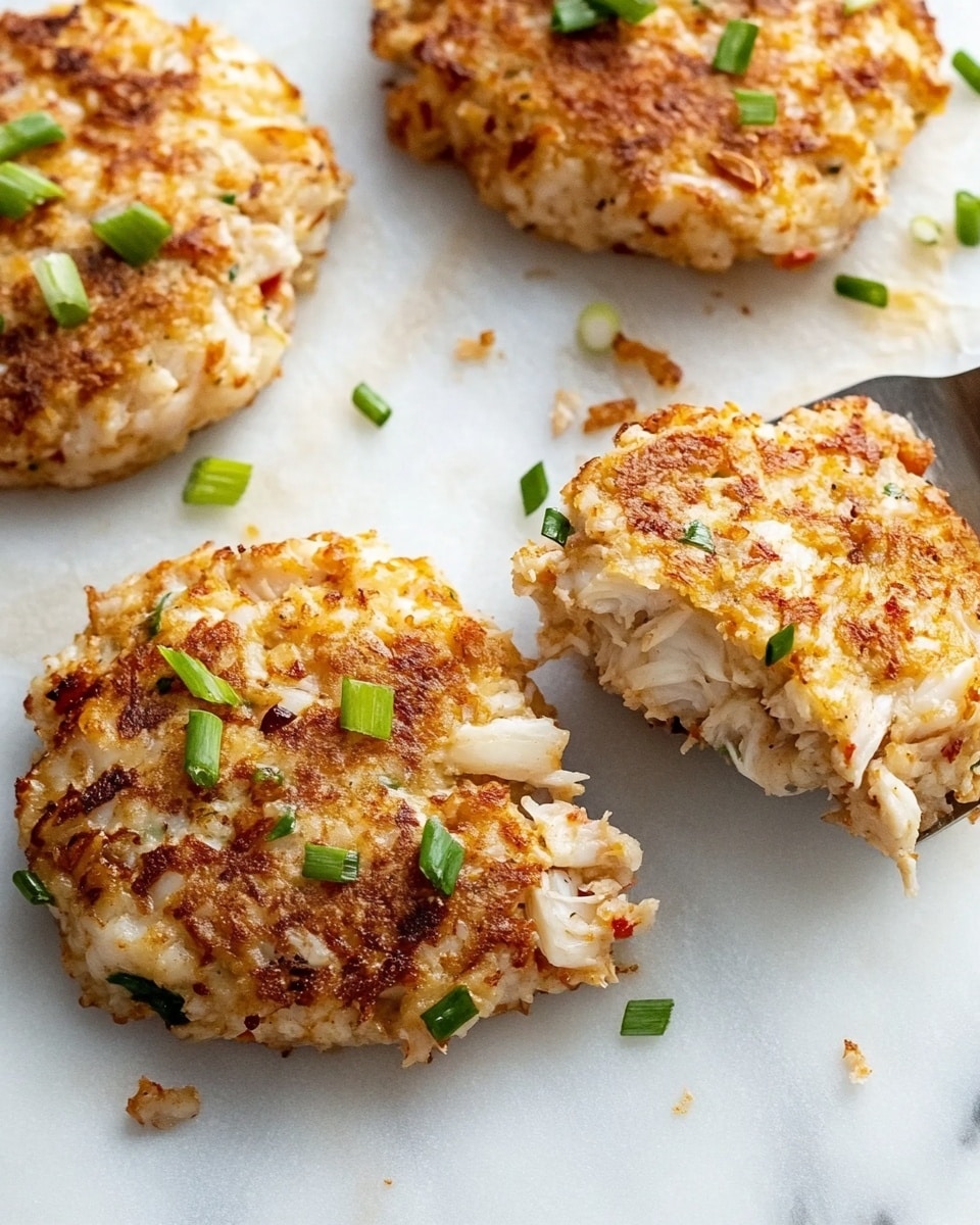 Four pieces of cooked crab cakes are spread on a white marbled surface. Each crab cake has a rough golden-brown top layer mixed with bits of red and white, topped with small green onion slices scattered unevenly. The bottom layer is a soft, light beige base visible around the edges. One crab cake is being lifted by a metal spatula with a wooden handle, showing the underside of a white beige bottom layer. The colors are warm and the textures show a mix of crispy and soft parts. Photo taken with an iphone --ar 4:5 --v 6.1