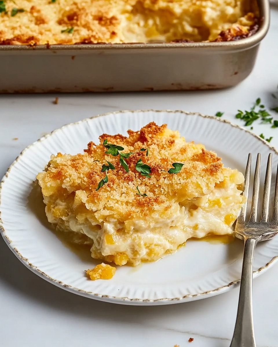 A rectangular green baking dish sits on a black wire cooling rack on a white marbled surface, filled with a creamy casserole topped with a golden crispy layer that appears textured and crunchy. One portion is removed from the dish, revealing a creamy, soft, pale yellow filling underneath the crunchy layer. A white plate holds the serving, showing the same creamy yellow base with the crispy golden top, and a metal fork rests beside the food on the plate. The overall look is warm and inviting, with a mix of soft and crunchy textures visible. photo taken with an iphone --ar 4:5 --v 6.1