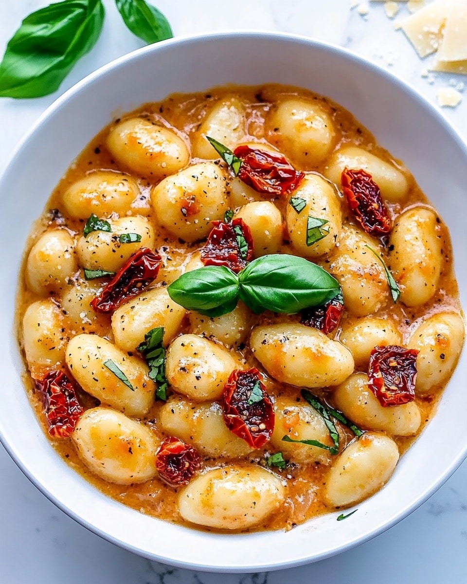 A white bowl filled with soft gnocchi covered in thick, creamy sundried tomato sauce that is light orange with visible specks of seasoning. Scattered on top are pieces of dark red sundried tomatoes, thin slices of green basil, and small bits of what appears to be onion or garlic. The dish is garnished with a small bunch of fresh bright green basil leaves and sprinkled with finely grated white cheese. The background surface is white marbled texture. photo taken with an iphone --ar 4:5 --v 6.1