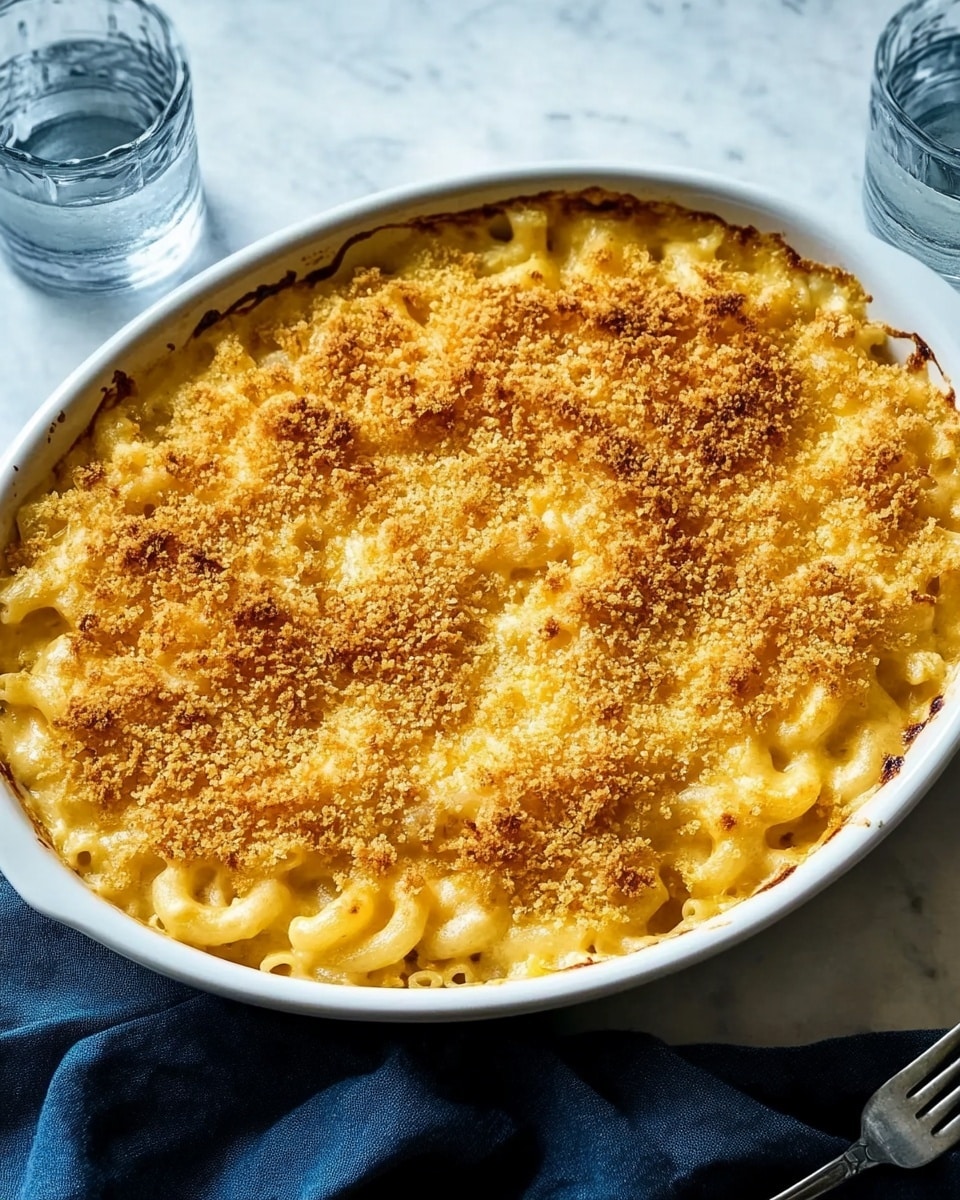 A white oval dish filled with a baked macaroni and cheese casserole, showing three main layers: the bottom layer of pale yellow macaroni pasta, the middle layer of creamy melted cheese, and the top layer of golden brown crispy breadcrumbs covering the entire surface. The casserole dish is placed on a white marbled surface with a dark blue cloth napkin partly underneath it, and there are two clear glasses with water near the top edge. Toward the bottom right corner are two silver forks. The photo taken with an iphone --ar 4:5 --v 6.1