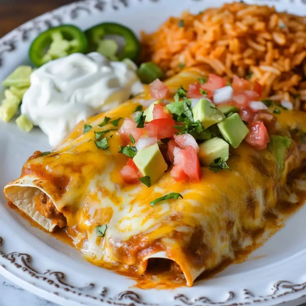 Easy Ground Beef Enchiladas, ground beef enchiladas recipe, cheesy beef enchiladas, quick enchiladas dinner, simple Mexican enchiladas The dish shows two layered enchiladas covered with melted golden cheddar and mild yellow cheese, topped with chopped green onion, fresh diced red tomatoes, small purple onion pieces, and a dollop of white sour cream with a green avocado slice on top. To the side, there is a heap of reddish-orange Mexican rice mixed with bits of green herbs and diced tomatoes. All of this is served on a white plate resting on a white marbled surface.