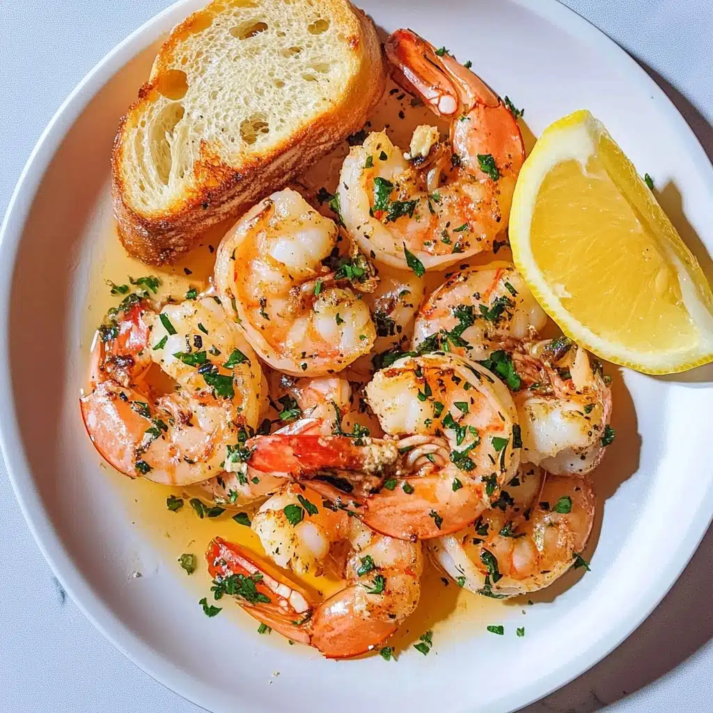 Shrimp Scampi, Easy Shrimp Scampi, Quick Shrimp Dinner, Garlic Lemon Shrimp, Simple Seafood Recipes A white plate with several cooked shrimp covered in small chopped herbs and pieces of garlic, arranged in a slightly overlapping pile. On the right side of the plate, there is a piece of crusty bread with a golden-brown toasted surface and visible soft inside, and on the bottom left side, there is a lemon wedge with bright yellow skin and pale juicy segments. The plate sits on a white marbled textured surface.