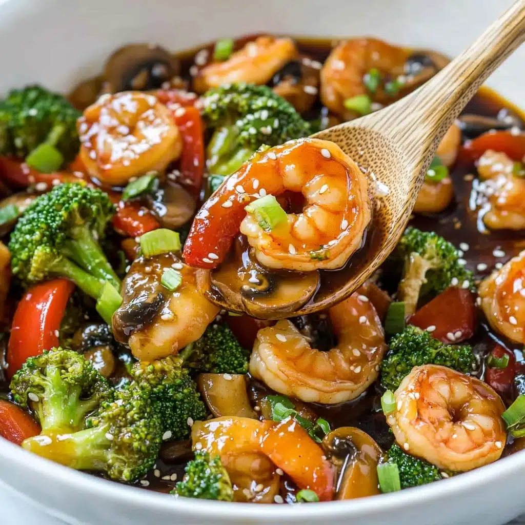 Easy Shrimp Stir Fry, quick shrimp stir fry recipe, healthy shrimp stir fry, flavorful shrimp stir fry, one-pan shrimp stir fry This image shows a close-up of a shrimp stir-fry dish in a white bowl. The dish has one main layer made of shiny, orange shrimp mixed with green broccoli, red bell pepper pieces, and sliced mushrooms. The shrimp and vegetables are covered with a thick, dark brown sauce that looks glossy and smooth. Small white sesame seeds and finely chopped green onions are scattered evenly on top, adding texture and color contrast. The background is a white marbled surface.