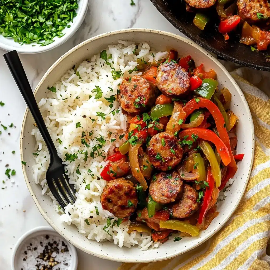 Easy Sausage and Peppers Skillet, Sausage and Peppers Dinner, One-Pan Sausage Meal, Quick Sausage Recipes, Family-Friendly Skillet Dinner A white bowl holds two main layers: one half is filled with fluffy white rice sprinkled with small green herbs, while the other half features browned sausage slices mixed with sautéed red and green bell pepper strips and translucent cooked onions, all garnished with fresh green herbs. A black fork rests inside the bowl on the rice side. Nearby, a small white bowl contains chopped herbs, and another small white bowl with coarse salt and pepper is placed on a white marbled surface. Part of another similar bowl and a skillet with more cooked vegetables and sausage are visible at the edges of the image. The scene is bright and fresh, with a textured beige and yellow striped cloth underneath the bowls.