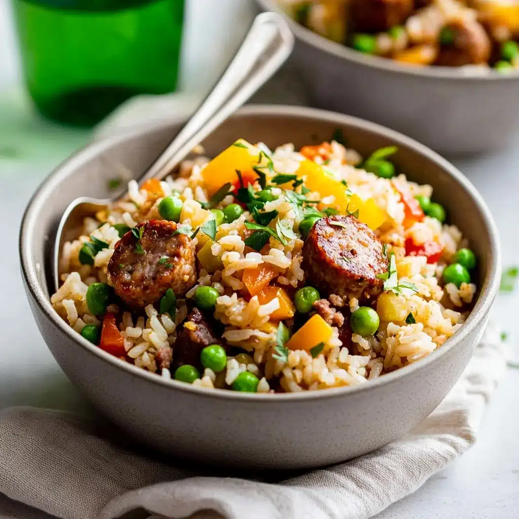 Smoked Sausage and Rice One-Pot Dinner, easy one-pot sausage and rice, hearty smoked sausage dinner, quick one-pan sausage recipe, comforting rice and sausage meal A grey bowl filled with three layers of food: the bottom layer is white rice mixed with small green peas and bits of chopped green herbs, the middle layer has chunks of browned sausage pieces, and the top layer includes yellow and red bell pepper pieces along with more green peas and herbs. A silver spoon is placed in the bowl with its handle leaning outside. Another bowl filled with the same food is slightly blurred in the background, and a green tinted glass of water is also visible. The bowls sit on a light-colored cloth over a white marbled surface.