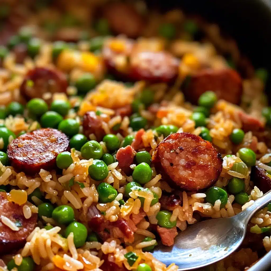 Smoked Sausage and Rice One-Pot Dinner, easy one-pot sausage and rice, hearty smoked sausage dinner, quick one-pan sausage recipe, comforting rice and sausage meal The image shows a close-up of a mixed dish with about three layers visible. The base layer is light brown cooked rice, with scattered bright green peas throughout. On top of the rice and peas, there are round, reddish-brown sausage slices scattered evenly, some showing a shiny, slightly crispy texture. Small bits of yellow and red vegetables are mixed in lightly between the rice and peas, adding pops of color. A silver spoon on the right side is scooping some of the mixture. The background is softly blurred to focus on the vibrant colors and textures of the food.
