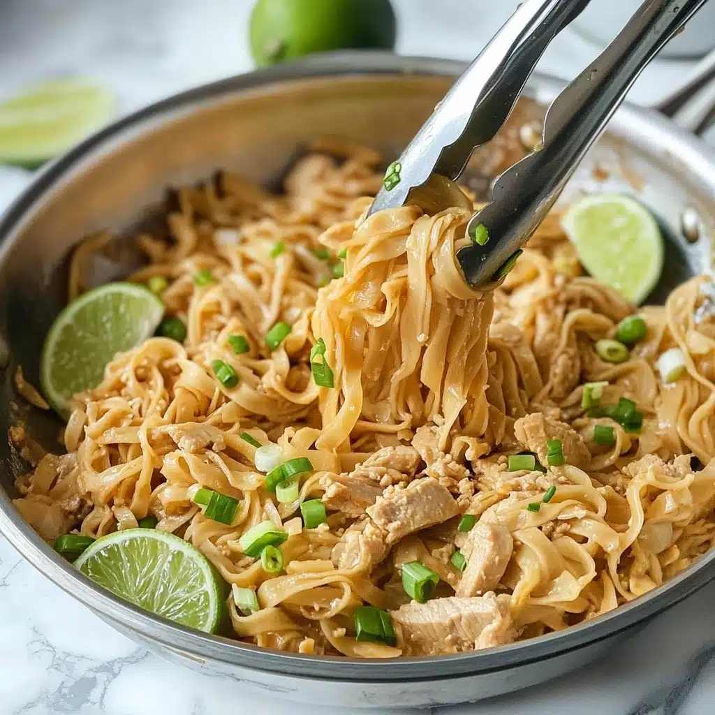 Creamy Peanut Noodles with Chicken, peanut noodles, chicken noodle recipes, easy Asian noodle dish, quick weeknight dinner ideas A shiny silver pan filled with light brown flat noodles mixed with small chunks of light beige meat and bright green sliced scallions, showing some noodles being lifted by metal tongs from the middle, with small lime slices scattered inside the pan and a white marbled surface underneath.