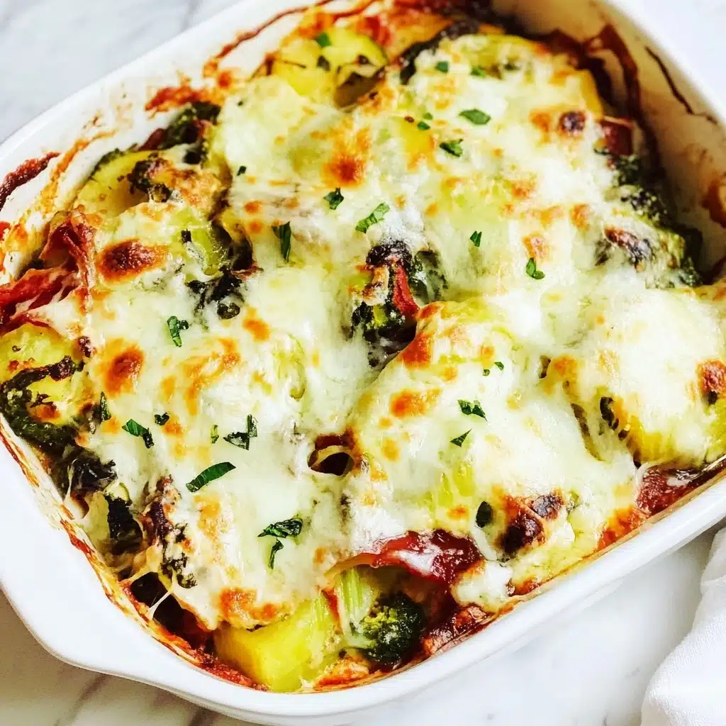 Baked Greek Chicken with Artichokes, Greek Chicken with Artichokes and Peppers, Greek-inspired baked chicken, Mediterranean baked chicken recipe, easy Greek chicken dinner A white rectangular baking dish filled with a layered vegetable casserole topped with melted cheese that is slightly golden in spots. The top layer shows slices of zucchini and red bell peppers under a smooth, creamy cheese surface with bubbling edges. The dish rests on a striped cloth in soft pastel colors, and a large wooden spoon lies above it on a white marbled surface. The casserole looks hot and freshly baked with visible cooked vegetables peeking through the cheese.