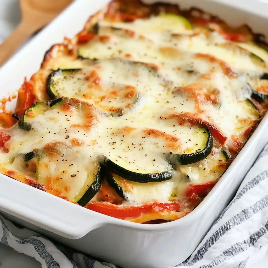 Baked Greek Chicken with Artichokes, Greek Chicken with Artichokes and Peppers, Greek-inspired baked chicken, Mediterranean baked chicken recipe, easy Greek chicken dinner A white baking dish filled with a baked casserole that has at least two visible layers: the bottom layer is made of mixed green and yellow vegetables with a soft texture, and the top layer is covered with melted white cheese that has browned spots, showing some bubbling and a slightly stretchy texture. The dish is placed on a white marbled surface.