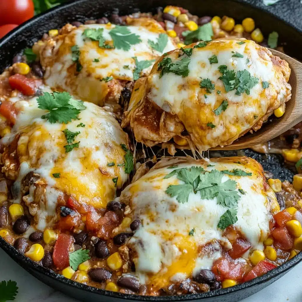 Santa Fe Chicken, spicy chicken skillet, southwestern chicken dinner, easy Mexican-inspired chicken, weeknight chicken recipes The image shows a black cast iron skillet containing four pieces of cooked chicken topped with melted white and yellow cheese. Each chicken piece is placed over a thick base made of a mix of cooked black beans, yellow corn kernels, and diced red tomatoes. Small green cilantro leaves are sprinkled on top of the cheese for decoration. A wooden spoon is lifting one piece, showing the colorful bean and vegetable base underneath. The skillet is set on a white marbled surface with some small red tomatoes visible at the edges.
