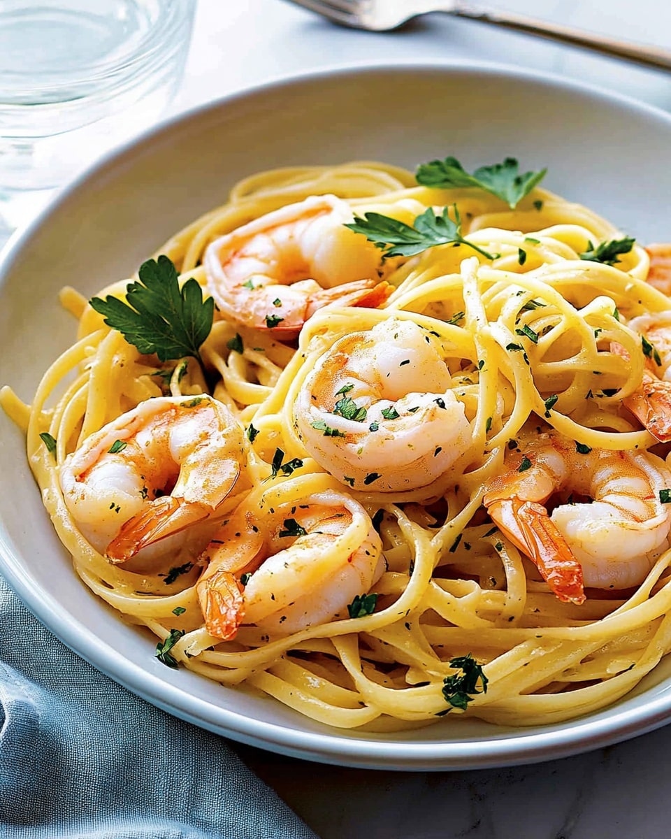 Lemon Garlic Shrimp Linguine, seafood pasta recipes, quick shrimp pasta, easy lemon garlic shrimp, weeknight dinner ideas A white bowl filled with light yellow linguine pasta layered with several plump, cooked shrimp that have a pinkish-orange shell and slightly translucent body. The pasta looks glossy with a light sauce, mixed with small green herb flakes. Fresh flat green parsley leaves are scattered on top, adding a pop of color. The bowl is set on a white marbled surface with a light blue cloth napkin and a silver fork resting beside it. In the background, a glass of water with bubbles is slightly visible on the left.