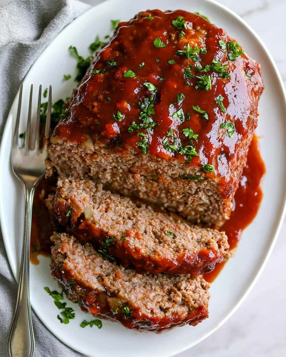 Classic Oven-Baked Meatloaf with Tangy Glaze, meatloaf recipe, easy meatloaf dinner, hearty comfort food, flavorful baked meatloaf The dish shows a white oval plate with a meatloaf cut into four parts. The top layer of the meatloaf is covered with a thick, shiny red sauce that looks smooth and slightly sticky. Inside, the meatloaf has a coarse texture with small bits of meat all mixed together, showing a light brown color with some grey and beige. The meatloaf has green herb pieces sprinkled on top, adding small bright green spots all over the sauce and the meat inside. On the left side of the plate, there is a silver fork placed next to the meatloaf. The whole plate sits on a white marbled surface.