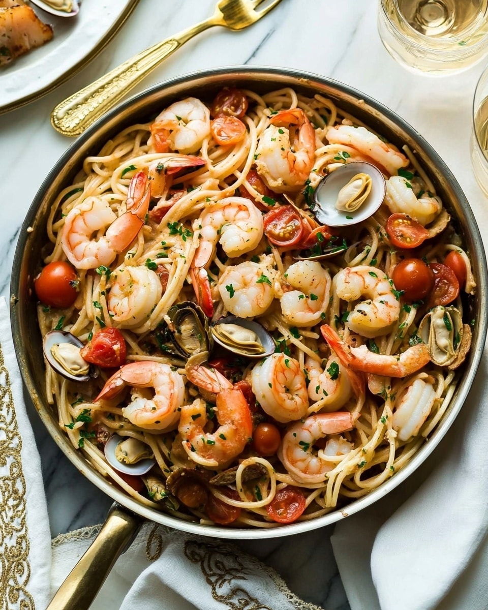 Seafood Fra Diavolo with Bucatini and Spicy Tomato Sauce, spicy seafood pasta, seafood pasta recipes, seafood fra diavolo, bucatini seafood dish A large copper pan filled with a seafood pasta dish sits on a white marbled surface. The dish has thick, white round noodles mixed with small pink shrimp, round scallops with a slight sear, and open clam shells showing the meat inside. The pasta and seafood are covered in a chunky red tomato sauce with bits of tomato and green parsley leaves scattered on top. The open lid of the pan rests tilted to the side. A white cloth with gold patterns lies under part of the pan, and a woman's hand is holding a utensil near the top right of the image.