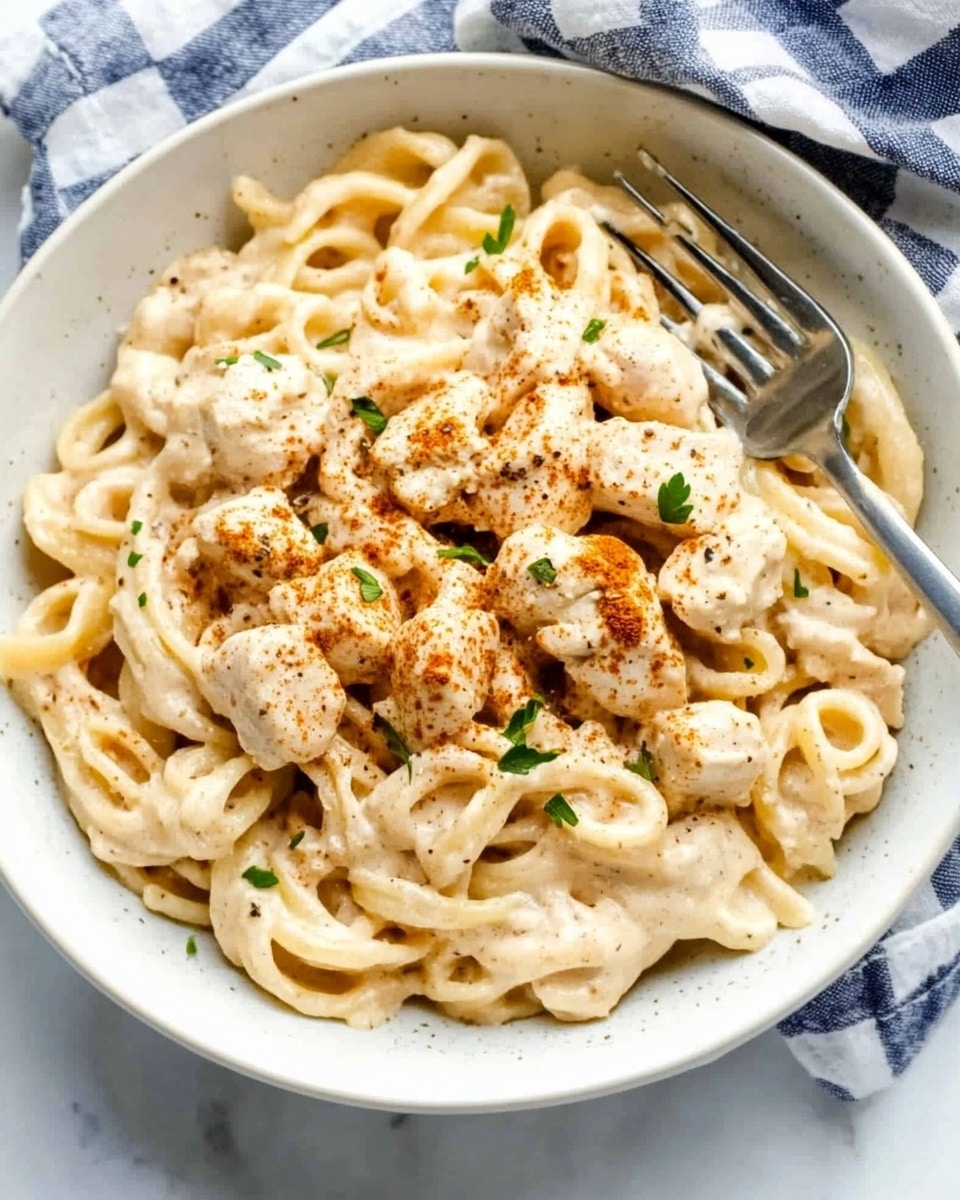 One Pot Cajun Chicken Alfredo, Cajun chicken pasta, easy Cajun pasta recipe, creamy Cajun chicken pasta, one pot pasta dinner A white bowl sits on a white marbled surface, filled with spiral pasta that looks thick and creamy. On top of the pasta, there are chunks of light brown cooked chicken, sprinkled with small green herbs and a little bit of red spice for color. The pasta has a smooth, pale creamy sauce covering most of it, with some pieces of chicken mixed in evenly. A silver fork rests inside the bowl, catching some of the pasta. Next to the bowl, a white and blue checkered cloth is partially visible.