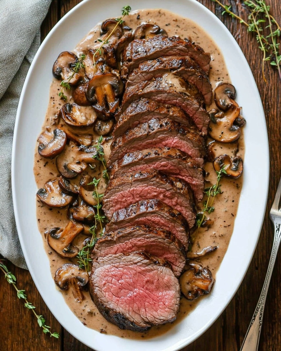 Beef Tenderloin with Mushroom Sauce, tender beef recipe, mushroom sauce recipe, elegant beef dinner, easy holiday steak The image shows a sliced steak arranged horizontally on a wooden board, cooked with a dark brown, peppery crust on the outside and a pink, tender inside visible in each cut slice. There are small green sprigs of thyme scattered on top of the steak for garnish. Below the steak, there is a white bowl filled with creamy mushroom sauce that has slices of mushrooms in it and a silver spoon resting inside. The board is on a white marbled surface.