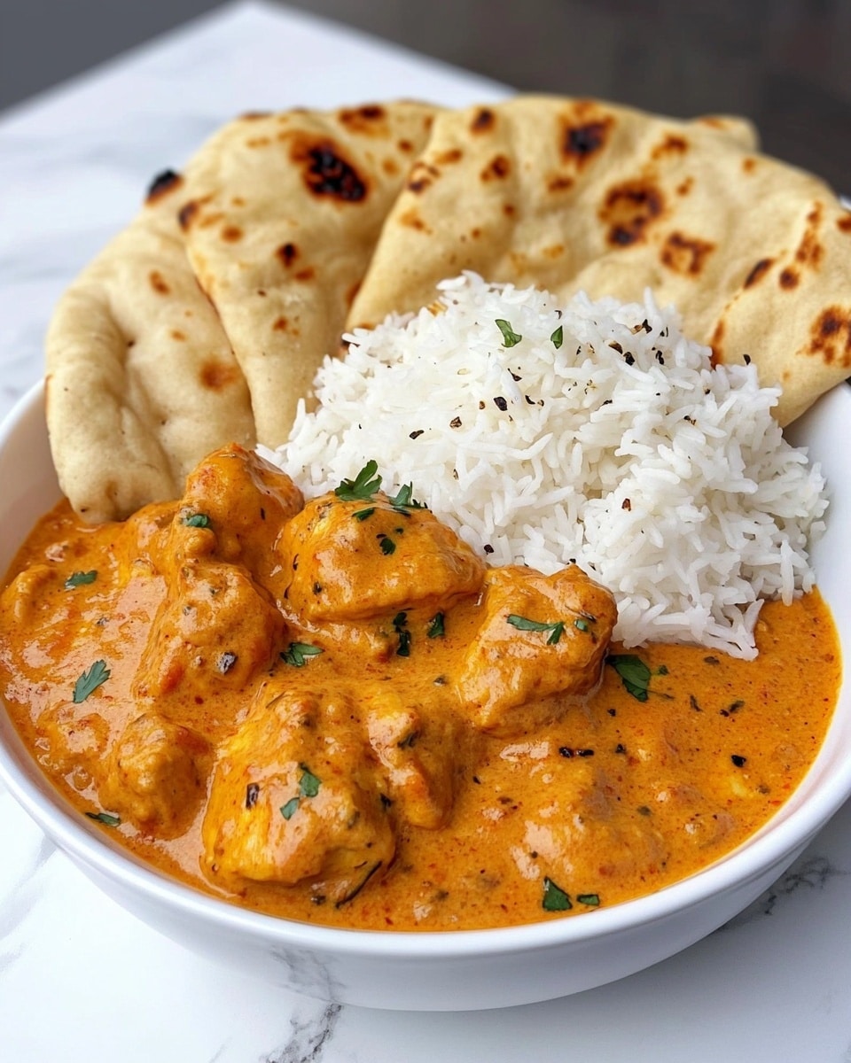 Homemade Butter Chicken, quick butter chicken, easy butter chicken recipe, creamy chicken dinner, Indian chicken dish The dish shows three main parts arranged in a white bowl on a white marbled surface. At the back, folded pieces of light brown naan bread with slight dark spots lean against the bowl's edge. Next to the naan, a fluffy layer of white rice with small sprinkles of green herbs sits in the middle. In front, there is a thick layer of orange curry sauce with visible chunks of chicken, black pepper bits, and green herbs, covering the surface. The textures range from soft naan, grainy rice, to creamy curry.