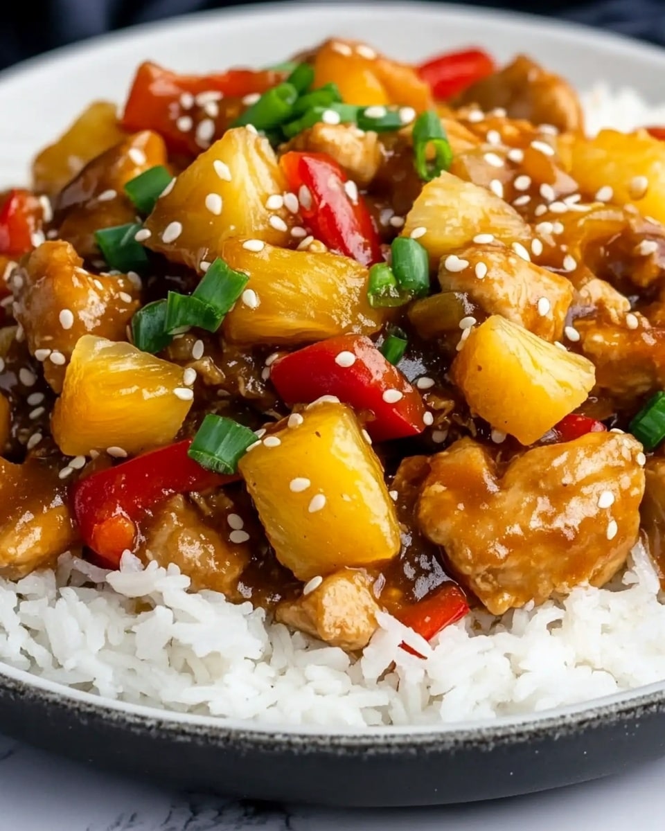 Pineapple Chicken Stir-Fry, healthy stir-fry recipes, quick chicken dinner, sweet and savory stir-fry, tropical chicken recipes The dish is served on a white plate placed on a white marbled surface, featuring a base layer of fluffy white rice with long grains. On top, there is a thick layer of golden-brown sauce-covered pieces of meat and pineapple chunks scattered evenly, mixed with bright red bell pepper pieces. The dish is garnished with fresh green chopped scallions and small white sesame seeds sprinkled over the entire top layer, adding texture and color contrast.