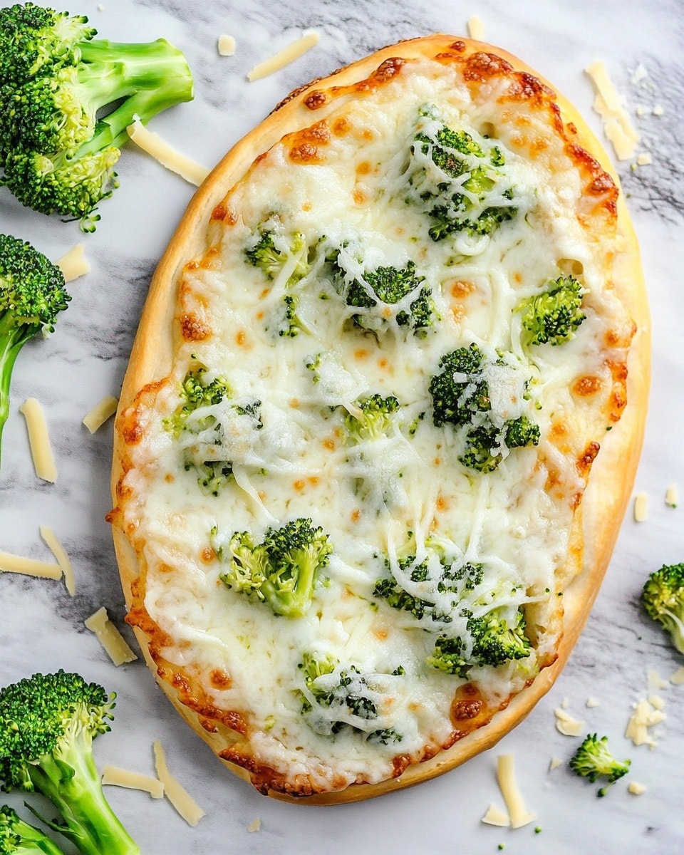 Chicken and Broccoli Alfredo Flatbread Pizza, quick flatbread pizza with chicken and broccoli, creamy Alfredo flatbread recipe, easy weeknight dinner ideas, cheesy flatbread pizza The image shows two triangular slices of pizza on a white marbled surface. Each slice has a thin, golden-brown crust at the edges, topped with bright green broccoli pieces and melted white cheese that stretches slightly between the slices. The cheese looks soft and covers most of the broccoli, giving a creamy texture on top. There are also a few small bits of broccoli and cheese scattered around on the surface, adding a natural and casual look. The photo is taken from a close angle that highlights the details of the toppings and the crust.