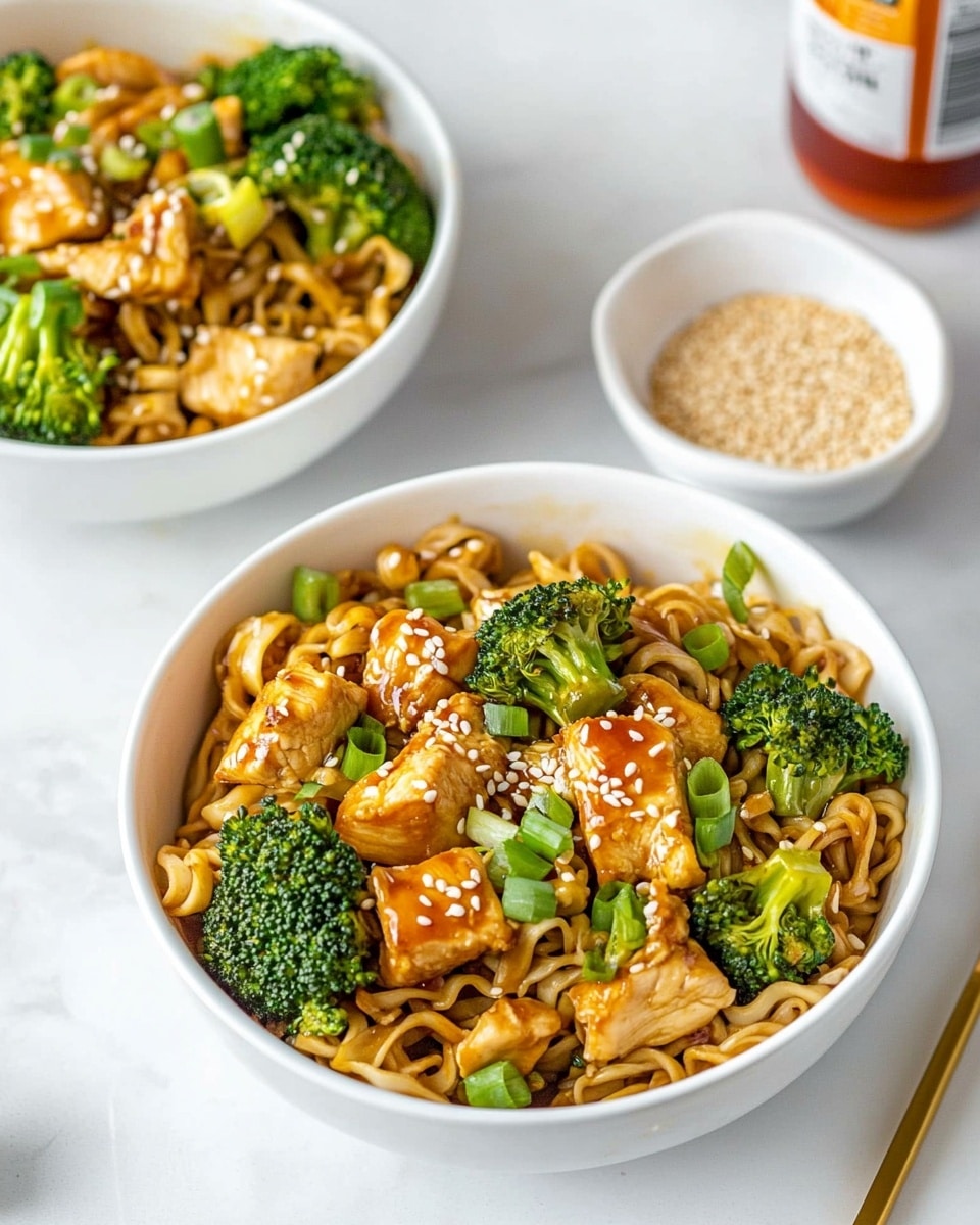 Chicken Ramen Noodle Stir Fry, easy ramen stir fry, quick chicken stir fry recipe, flavorful ramen noodle dinner, weeknight chicken stir fry A close-up view of a black frying pan filled with a mix of light brown cooked noodles, bright green broccoli florets, and chunks of light tan chicken pieces. The noodles form the base layer, tangled and shiny with sauce, with broccoli and chicken scattered evenly on top. Small green onion slices and black and white sesame seeds are sprinkled throughout, adding a fresh and textured look. The pan rests on a white marbled surface.