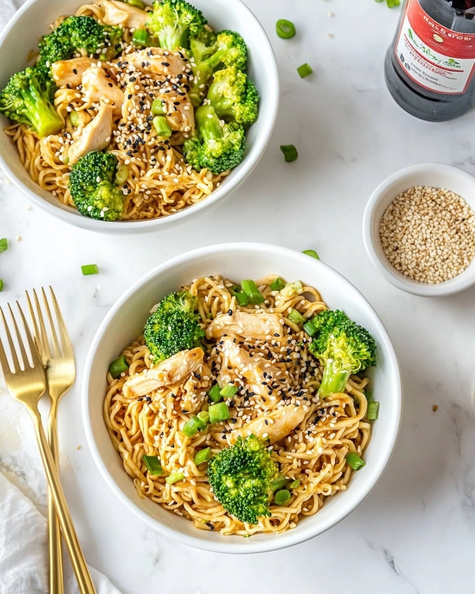 Chicken Ramen Noodle Stir Fry, easy ramen stir fry, quick chicken stir fry recipe, flavorful ramen noodle dinner, weeknight chicken stir fry The image shows two white bowls filled with a colorful noodle dish. Each bowl has a base layer of brown, twisted noodles mixed with small chunks of light tan cooked chicken pieces. Bright green broccoli florets are spread evenly throughout the noodles, adding a fresh touch. Scattered on top are small cuts of green onions and sprinkled black and white sesame seeds, giving a textured look. A small white bowl with more black and white sesame seeds sits nearby, along with a gold fork and spoon placed on the white marbled surface. A bottle of bright red chili sauce is also visible in the background. The