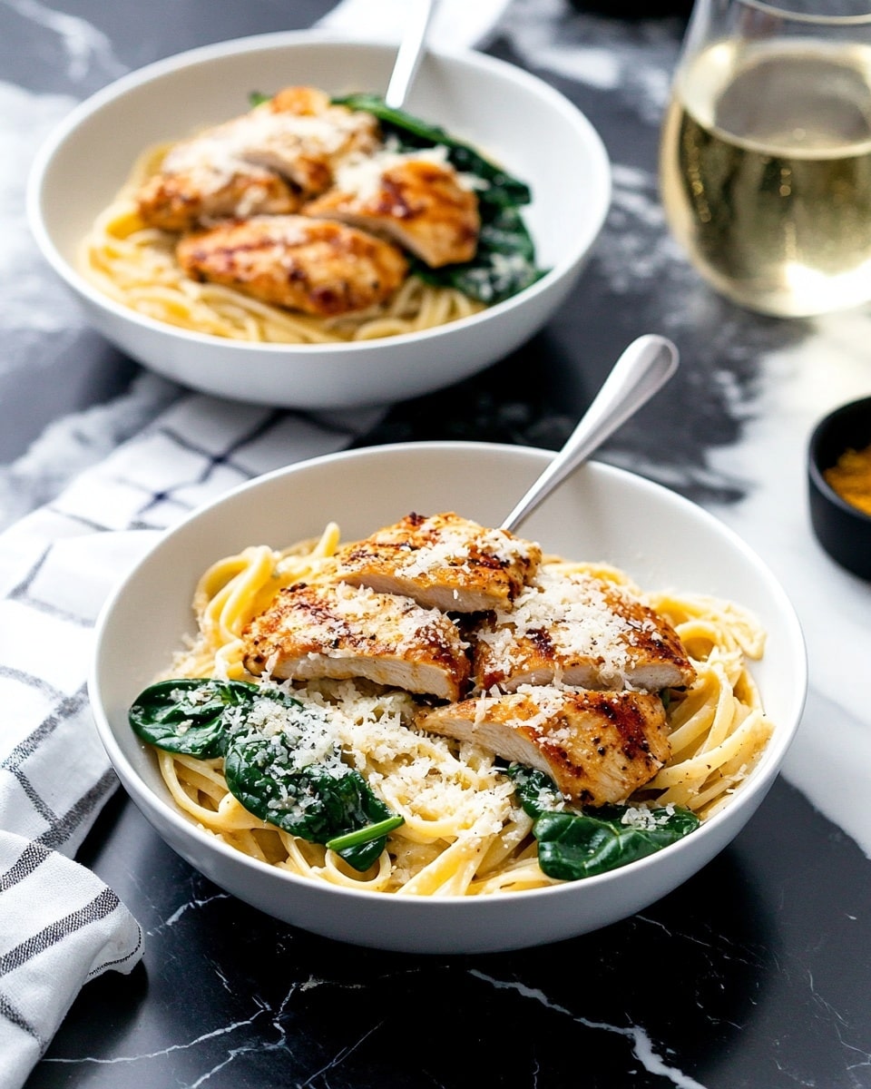 Creamy Chicken Florentine Pasta, Chicken Florentine Pasta, Creamy Pasta with Chicken and Spinach, Easy Chicken Florentine Recipe, Comforting Pasta Dinner The image shows two white bowls of pasta with creamy sauce and bright green spinach leaves mixed in. On top of the pasta in each bowl are slices of browned grilled chicken arranged in a neat row. There is a layer of finely grated white cheese sprinkled mostly over the chicken but spilling onto the pasta. Next to the front bowl is a silver fork resting inside, with the handle leaning out. The bowls are on a dark black marble surface with white veins. In the background, a glass of white wine is visible near each bowl, along with small black bowls holding grated cheese and ground spices on a white marbled surface covered partly by a checkered cloth. The scene is bright and clean, showing a simple, inviting meal.