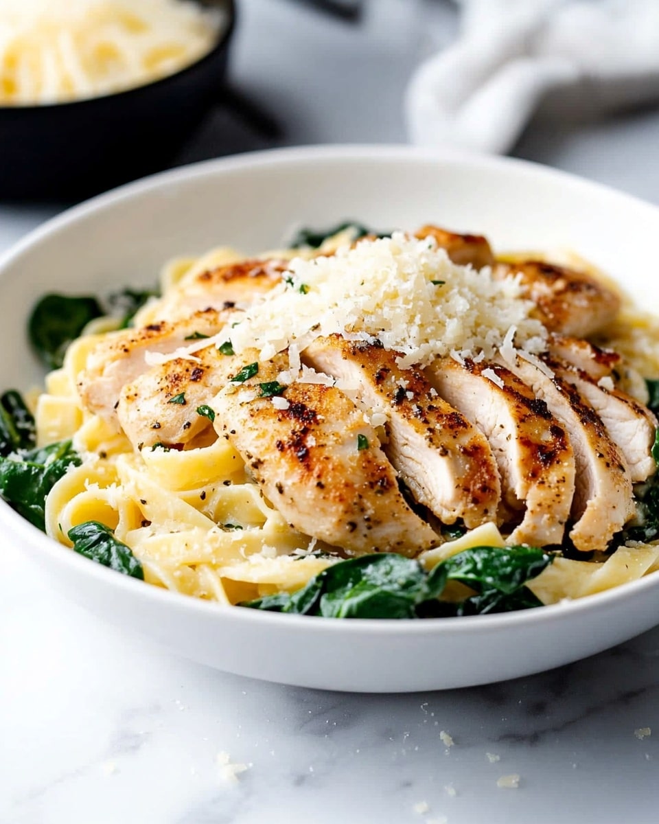 Creamy Chicken Florentine Pasta, Chicken Florentine Pasta, Creamy Pasta with Chicken and Spinach, Easy Chicken Florentine Recipe, Comforting Pasta Dinner A white bowl holds a dish with a base layer of creamy pale yellow pasta mixed with bright green spinach leaves scattered throughout. On top of the pasta, to the right side, there is a layer of sliced, grilled chicken seasoned with herbs, showing a golden brown color and a slightly crispy texture. Over the center of the pasta, there is a small pile of finely shredded white cheese sprinkled lightly over the dish. The bowl sits on a white marbled surface, and in the background, there is a small black bowl filled with more shredded cheese and a blurred cloth.