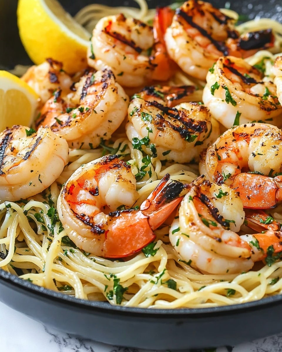 Lemon Spaghetti with Shrimp, lemon pasta with shrimp, easy seafood pasta, quick lemon shrimp dinner, bright lemon pasta dish The dish shows a black pan filled with light yellow spaghetti noodles tossed with chopped green herbs. On top, there are large grilled shrimp with orange-red shells and white meat, some with char marks and herbs on them. Bright yellow lemon wedges sit between the shrimp on the noodles, adding a fresh look. The pan is placed on a white marbled surface. The scene is bright and clear, showing the texture and colors well.