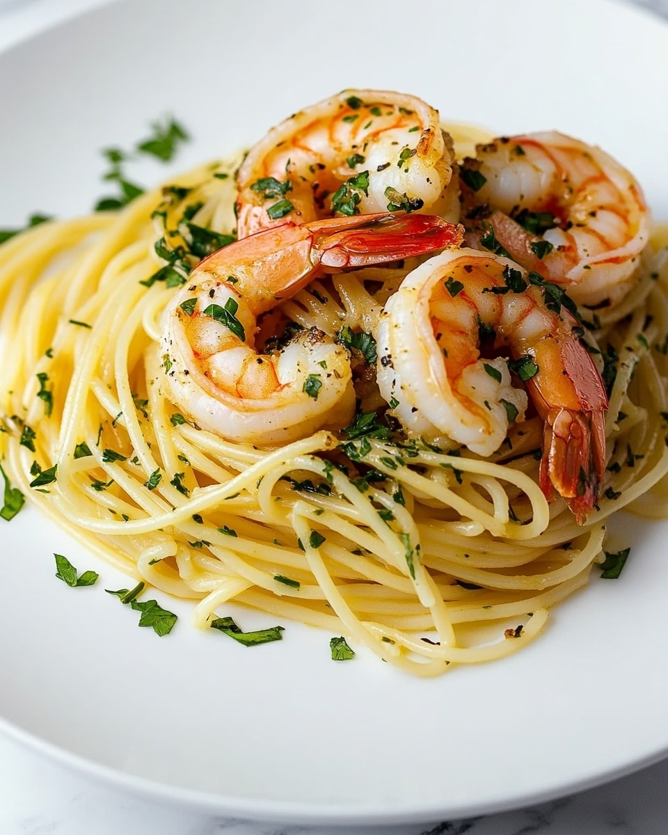 Lemon Spaghetti with Shrimp, lemon pasta with shrimp, easy seafood pasta, quick lemon shrimp dinner, bright lemon pasta dish A white plate holds a small pile of cooked spaghetti pasta that looks soft and slightly glossy with light olive oil coating. The pasta is mixed with small pieces of chopped green herbs scattered evenly throughout. On top and around the pasta are three large shrimp with bright reddish-orange shells and white meat, garnished with more chopped green herbs. The whole dish sits on a white marbled surface.