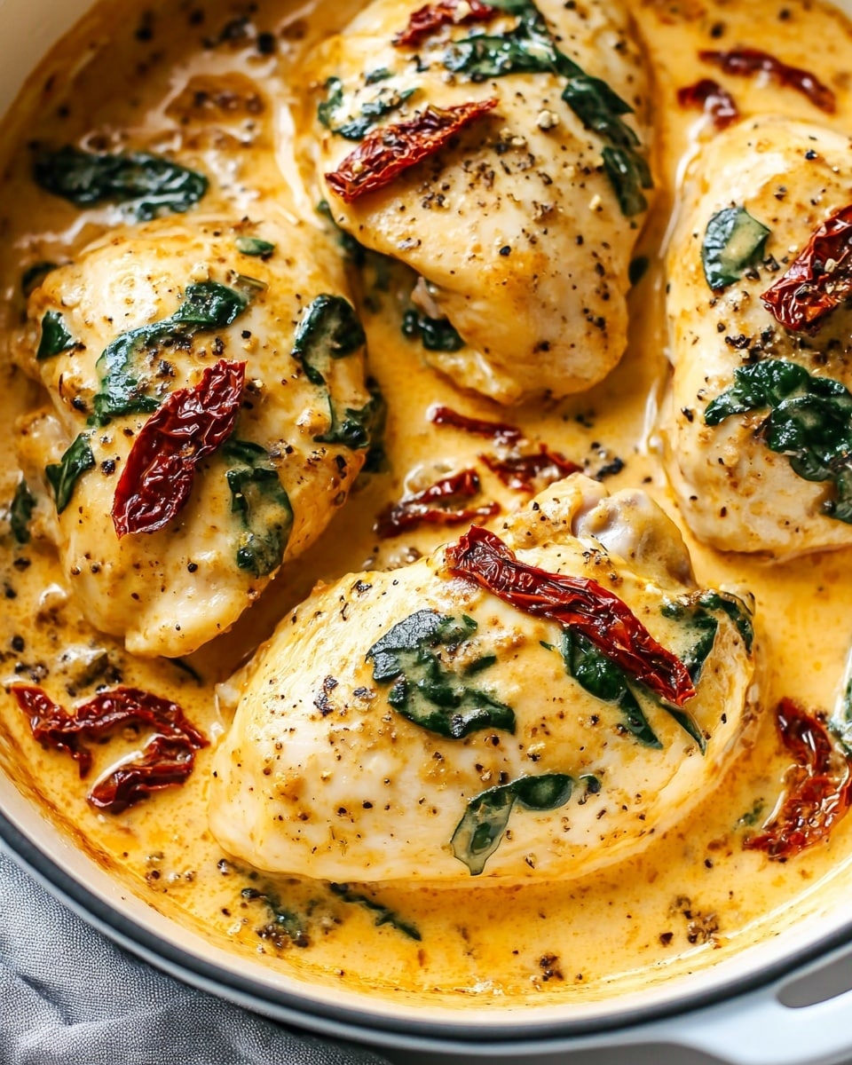 Creamy Tuscan Chicken, Creamy Tuscan Chicken recipe, Tuscan chicken recipe, Italian chicken dinner, easy creamy chicken The image shows four cooked chicken pieces in a creamy orange sauce with visible herbs and spices sprinkled on top. The sauce is rich and thick, with green spinach leaves and red sun-dried tomato strips mixed throughout. The chicken has a lightly browned surface, and the dish is inside a white pan with a small part of a gray cloth visible beneath it. The background is a white marbled texture
