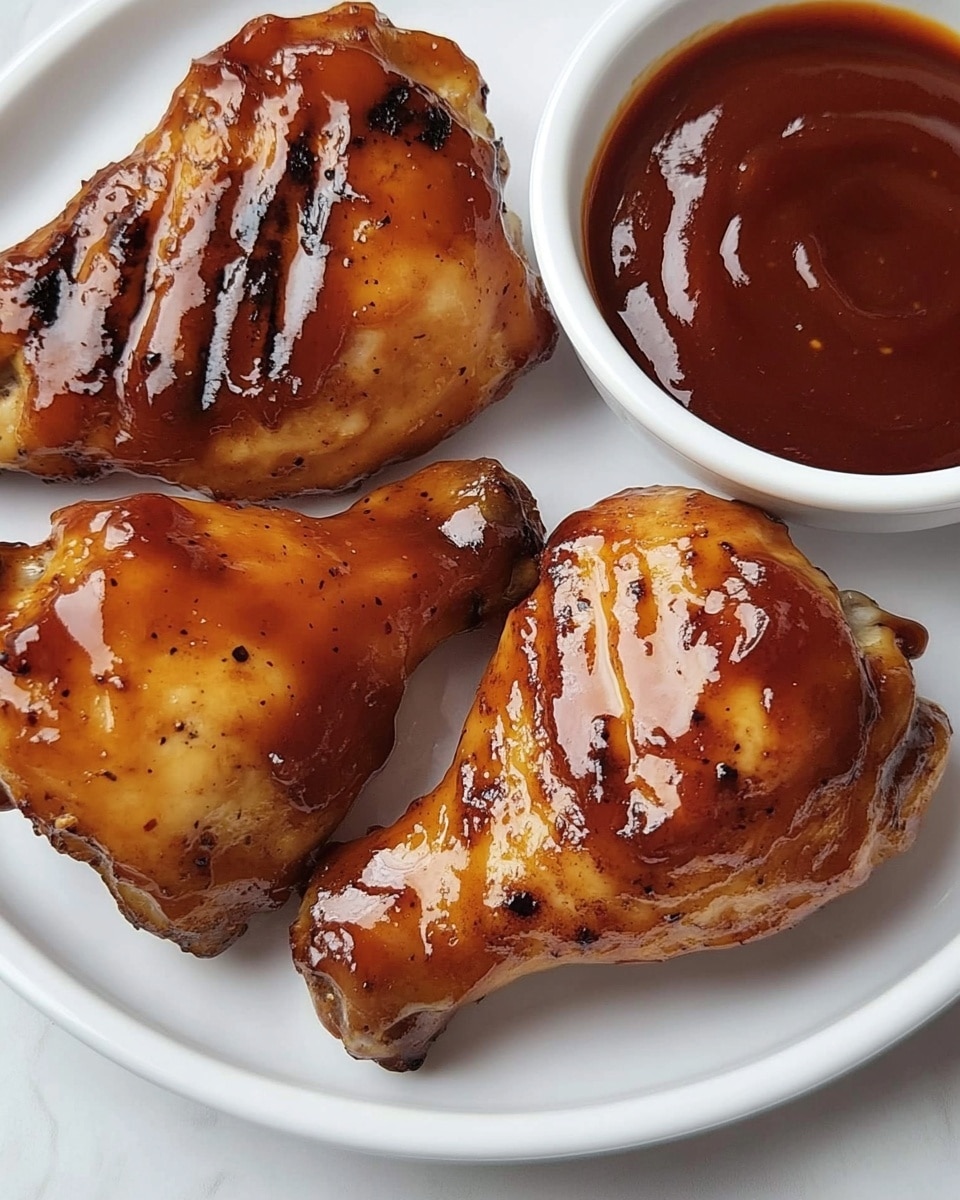 Honey BBQ Sauce, easy BBQ sauce recipe, sweet and tangy BBQ sauce, homemade BBQ sauce, grilling sauce A white plate with a slightly raised edge holds four pieces of glazed chicken with a shiny, sticky orange-brown sauce and visible black pepper. The chicken pieces have a smooth texture with a few grill marks, creating a slight charred look. On the right side of the plate, a small white bowl filled with thick, dark red barbecue sauce sits close to the chicken. The whole scene is set on a white marbled surface showing slight reflections from the sauce.