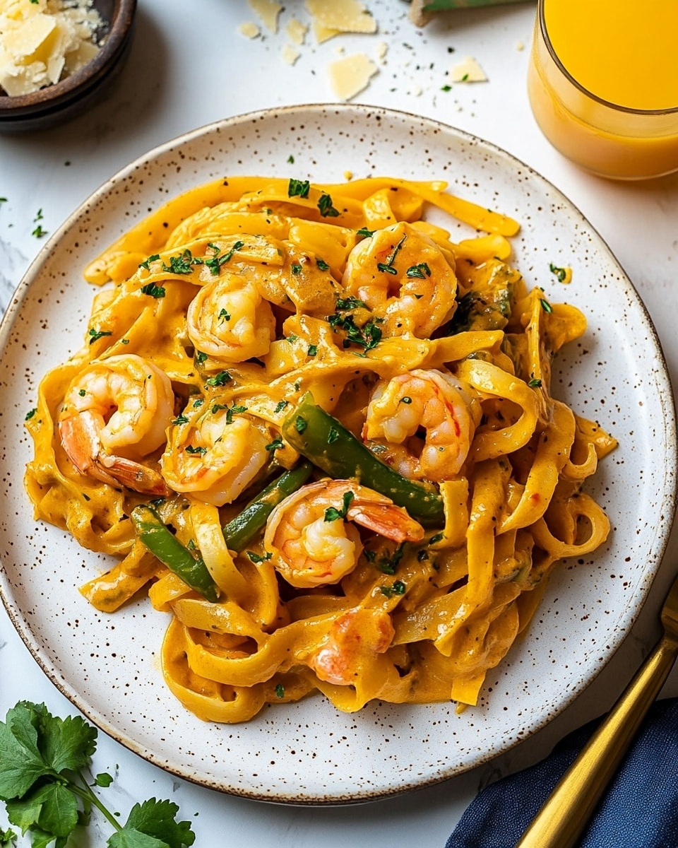 Creamy Cajun Shrimp Pasta, Cajun Shrimp Pasta with Pappardelle, Spicy Cajun Pasta Recipe, Creamy Seafood Pasta, Easy Cajun Pasta Dinner A yellow pan filled with flat, wide noodles coated in a creamy orange sauce, mixed with several cooked shrimp and slices of green bell pepper, all sprinkled with small green herb bits; a dark wooden spoon rests inside the pan, showing sauce on its surface. Around the pan are a small white bowl with green herbs, a wooden dish holding white cheese slices, and a beige and black checkered cloth on a white marbled surface.