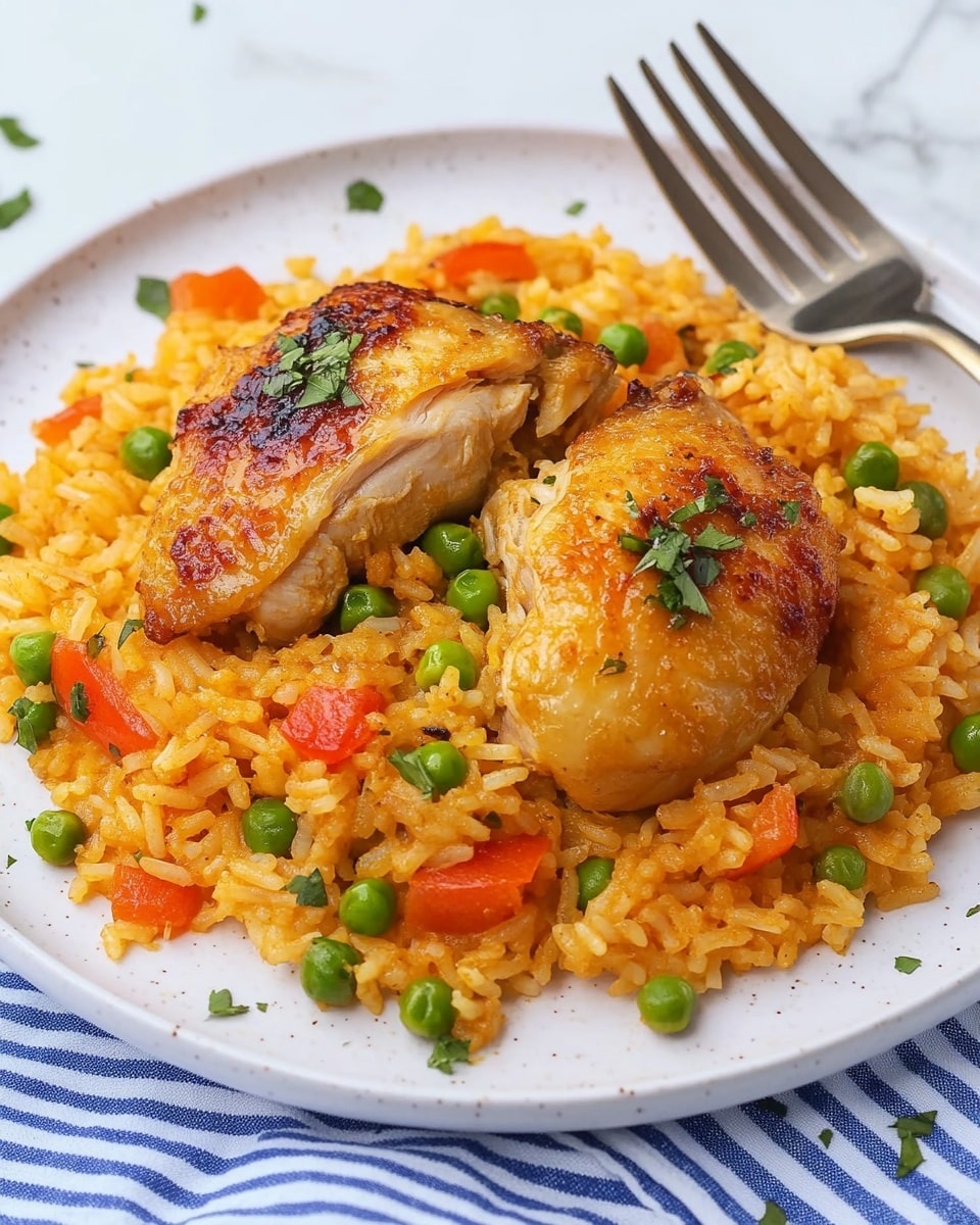 Arroz con Pollo, Arroz con Pollo recipe, Spanish chicken and rice, flavorful Latin rice dish, easy Arroz con Pollo A white plate with a base layer of orange rice mixed with small green peas and diced red and orange bell peppers spread evenly across it. On top of the rice, there are two golden-brown cooked chicken pieces placed near the center. The dish is garnished with small pieces of chopped green herbs scattered on the chicken and rice. A fork holding a bite of the rice and vegetables is positioned above the plate from the right side. The plate is set on a blue and white striped cloth on a white marbled surface.