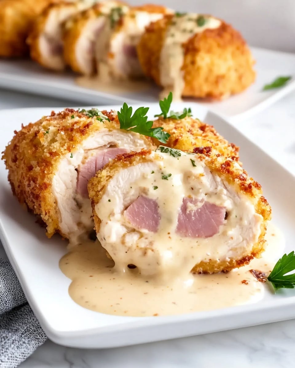 Easy Chicken Cordon Bleu, Chicken Cordon Bleu recipe, crispy chicken cordon bleu, homemade Chicken Cordon Bleu, quick chicken dinner The image shows a white plate with a sliced breaded chicken roll stuffed with layers of pink ham and melted light yellow cheese in the center, the outside is golden brown and crispy. Three slices of the chicken roll are topped with a thick, creamy white sauce pouring over them, with a small green parsley leaf on top for garnish. In the background, a white rectangular plate holds three whole stuffed chicken rolls on a white marbled surface. The setting is bright and simple, highlighting the golden and creamy textures of the dish.