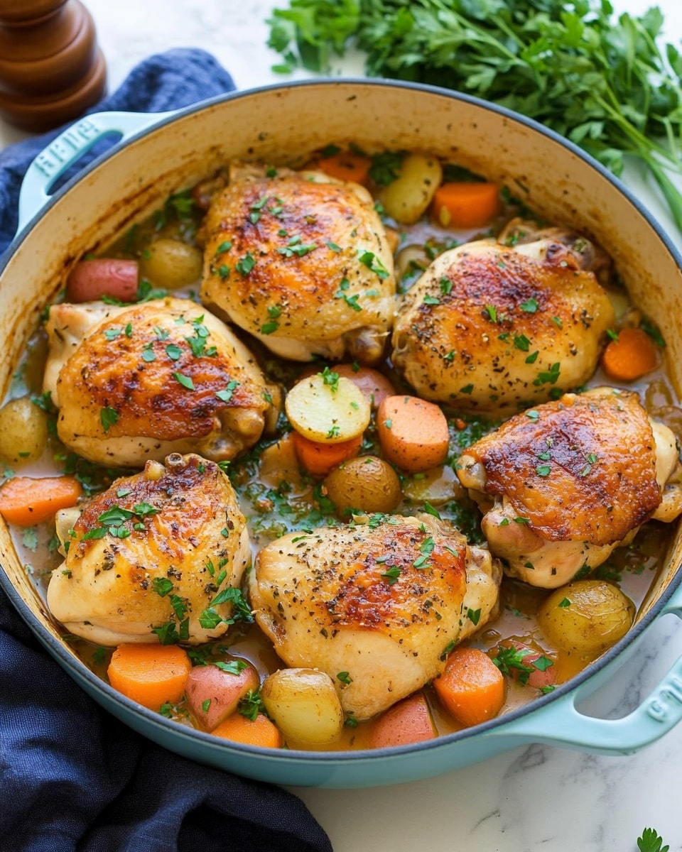 Braised Chicken Thighs and Vegetables, Braised Chicken Thighs, Comforting Chicken Dinner, Easy Braised Chicken Recipe, Healthy Chicken and Veggies A white scalloped dish filled with six golden-brown roasted chicken thighs evenly spread across the top layer. Surrounding the chicken pieces are chunky pieces of red-skinned potatoes, orange carrot chunks, and white potato pieces. Fresh green parsley leaves are scattered on top, adding bright color contrast. The dish has a light broth or sauce pooling at the bottom, giving a slight shine to the vegetables. The plate is set on a white marbled surface with a dark navy cloth to the left and black serving utensils on the right. Fresh parsley sprigs are visible on the marble background.