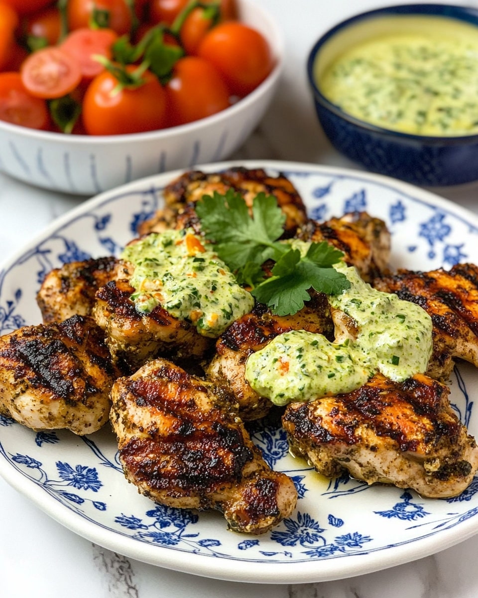 Green Goddess Chicken, Green Goddess Chicken 2 Ways, Herb-Marinated Chicken, Grilled Chicken with Green Goddess, Juicy Chicken Recipes The dish shows several pieces of golden-brown cooked cauliflower with some charred spots, placed closely together on a white plate with blue floral designs. Small green cilantro leaves are scattered on top of the cauliflower, adding a fresh touch. A silver fork is placed on the left edge of the plate. The plate sits on a white marbled surface.