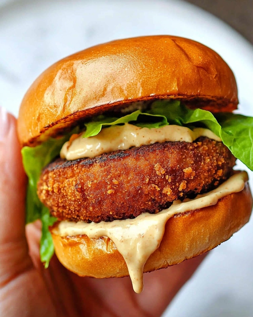 Fried Chicken Caesar Sandwich, Crispy chicken sandwich with Caesar dressing, Easy chicken sandwich recipes, Gourmet chicken sandwich ideas, Toasted brioche chicken sandwich A close-up image of a sandwich held in a woman's hand featuring three visible layers: on top, a soft golden brown bun with a smooth texture; in the middle, a thick, crispy, brown patty with a rough, crumbly coating, topped with a light beige creamy sauce dripping slightly; underneath, a fresh, green leaf of lettuce peeking out from under the patty; all held above another golden brown bun bottom partly visible. The background shows a white marbled surface with a white plate slightly blurred behind.