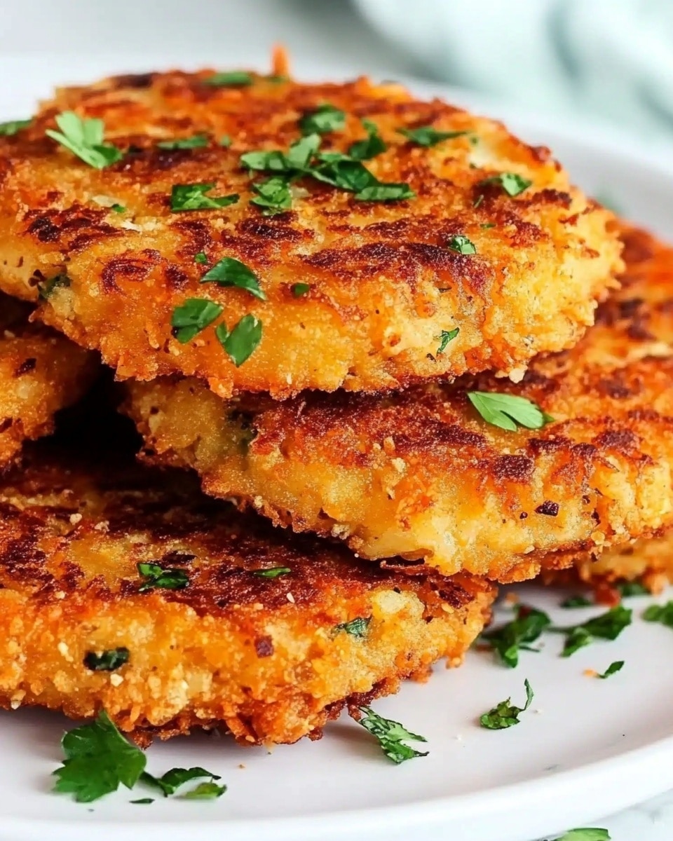 Crispy Coconut Chicken, tropical chicken dinner, crunchy coconut chicken, easy coconut chicken recipe, baked coconut chicken A white plate holds a stack of four golden-brown fried patties with a crispy texture and rough edges. Each patty has a mix of orange and light brown tones, with small scattered green herbs on top and around the plate. The patties appear thick and slightly uneven with visible bits of ingredients in the crust. The background is a white marbled surface.