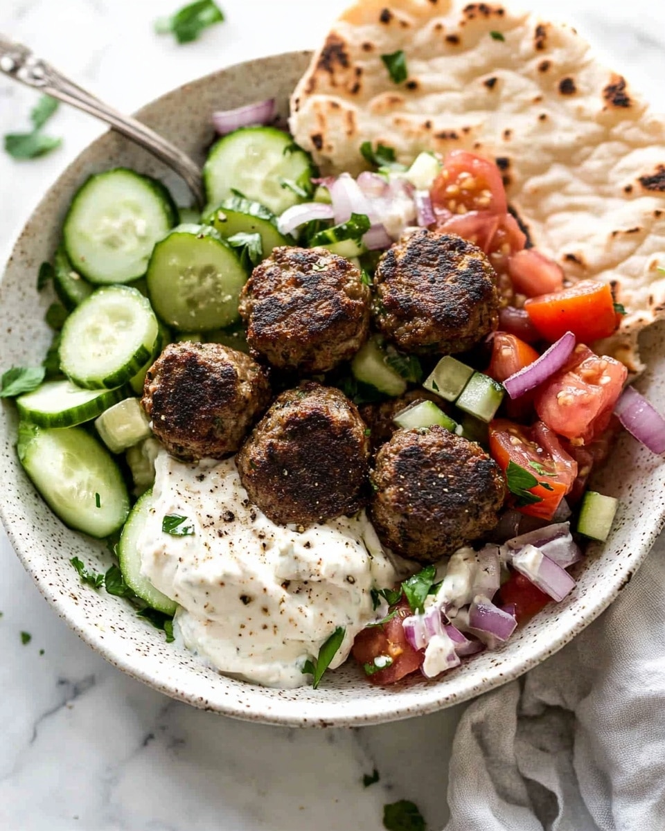 Greek Meatballs, Mediterranean meatball recipe, authentic Greek meatballs, easy Greek meatballs, flavorful meatball recipe A white bowl holds a flat pita bread at the bottom, light beige with slight brown spots and soft texture. On top of the pita, there is a generous layer of creamy white sauce spread unevenly. Over the sauce, round dark brown meatballs with a slightly charred surface are placed, some cut open to show a tender inside. Around the meatballs, chunks of bright red tomatoes, green cucumber slices with a watery texture, cubes of white cheese with small black specks, and thin slices of purple onion are scattered. The dish is garnished with small green herb pieces sprinkled on top. Next to the bowl are some torn pita pieces, a white marbled texture surface beneath it all, and a silver spoon resting inside the bowl.