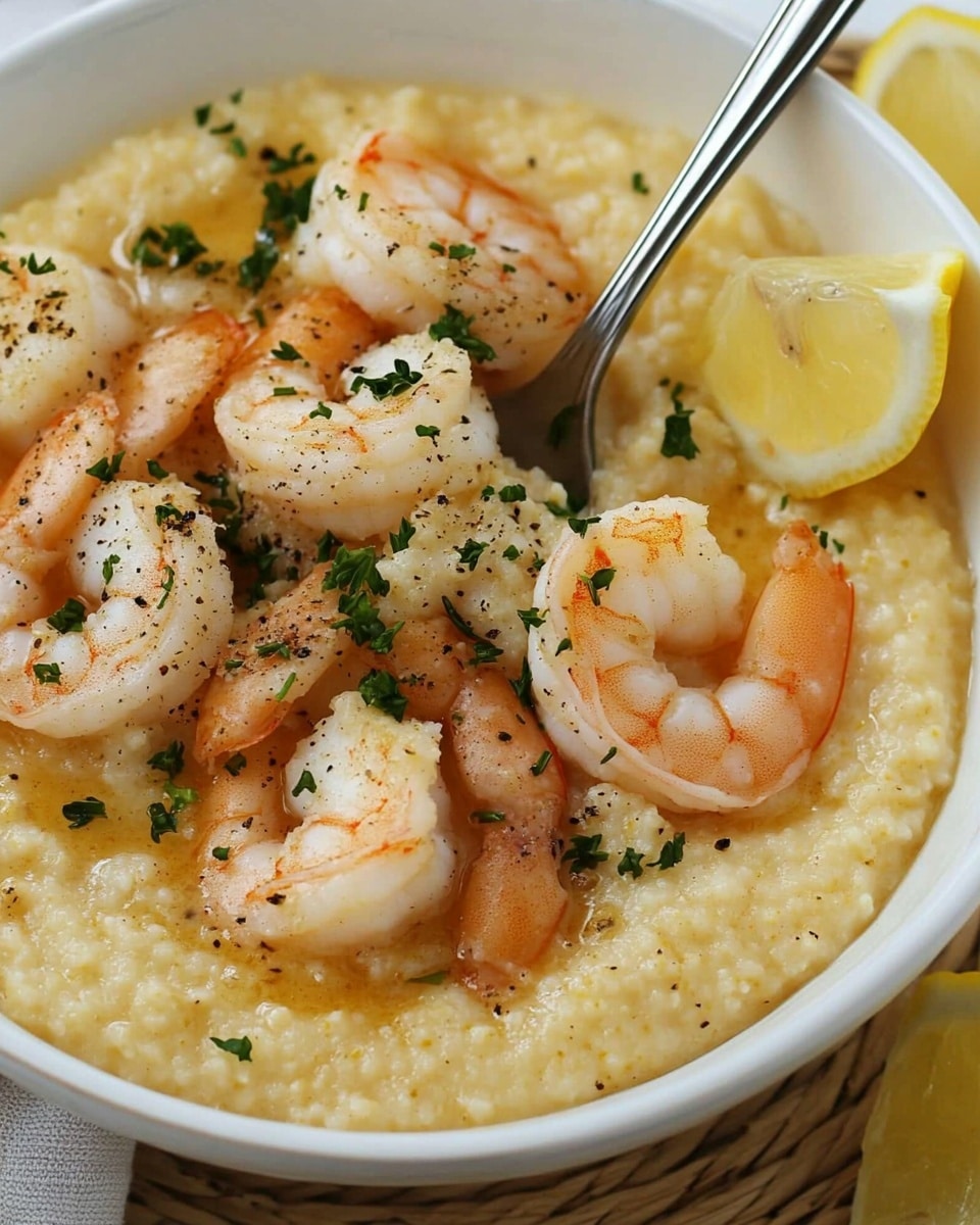 Lemon Garlic Shrimp & Grits, shrimp and grits recipe, easy seafood dinner, quick shrimp recipe, creamy cheesy grits The image shows a close-up of a white bowl filled with a creamy, light yellow layer of grits topped with several pieces of cooked shrimp which are a pale pink with some white sections, sprinkled with small green herbs. A silver spoon is placed inside the bowl resting on the right side, partially submerged in the grits. Near the bowl, on a woven mat surface, there are two lemon wedges, one placed at the top right and the other at the bottom right of the frame. The background is a white marbled texture.