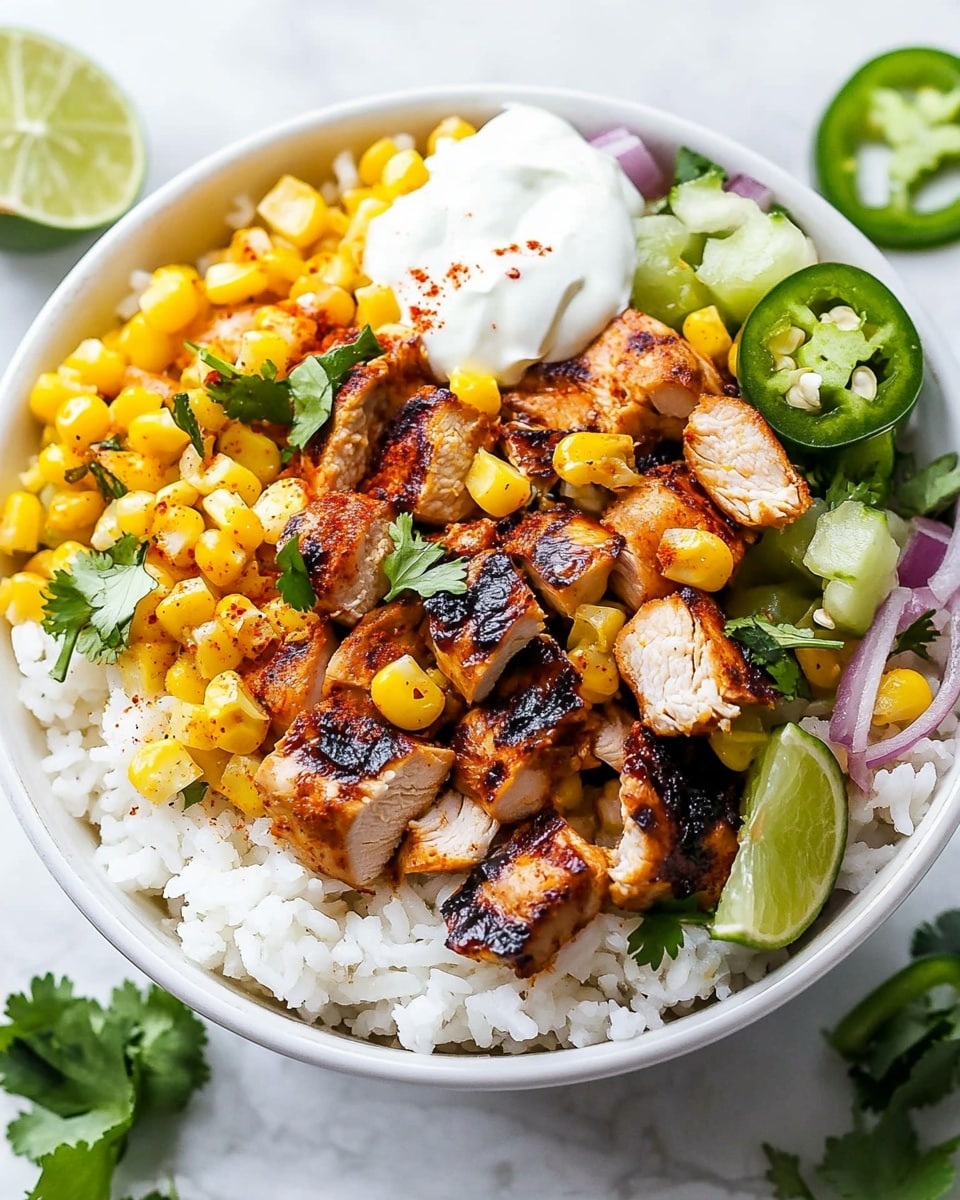 A white bowl sits on a white marbled surface filled with layers of food. The bottom layer is white rice, spread around the edges. On top of the rice, there is a layer of grilled corn mixed with small pieces of red onion, bright yellow and purple in color. Cubes of grilled chicken, golden brown with char marks, are placed in the center. Sprinkled over everything is crumbled white cheese. To the left side of the bowl, there are two lime wedges and some fresh green cilantro leaves, while some sliced green jalapeño peppers are visible on the right side. A dollop of white sour cream topped with a small amount of red spice sits near the center. photo taken with an iphone --ar 4:5 --v 6.1