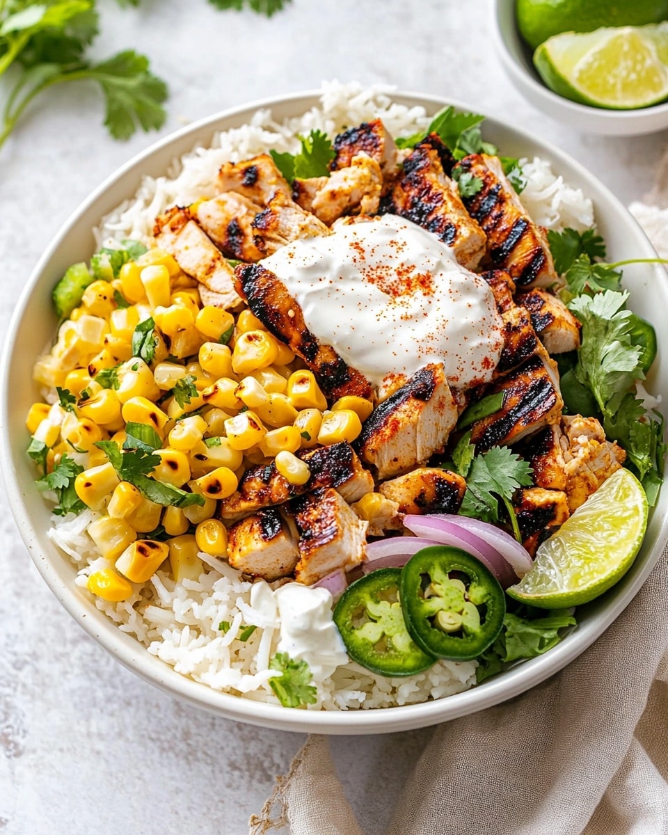 A white bowl sits on a white marbled surface filled with layers of food: the base layer is white rice, topped with bright yellow grilled corn mixed with small chopped red onions, then placed on top are grilled chicken pieces with golden brown grill marks. There is a dollop of white sour cream sprinkled with a bit of red spice near the lime wedges on one side. Fresh green cilantro sprigs and sliced green jalapeños add color around the bowl s edge. Crumbled white cheese is scattered throughout, and lime wedges are placed on the side. A beige cloth napkin is beside the bowl, and a small white bowl with lime wedges is in the background. Photo taken with an iphone --ar 4:5 --v 6.1