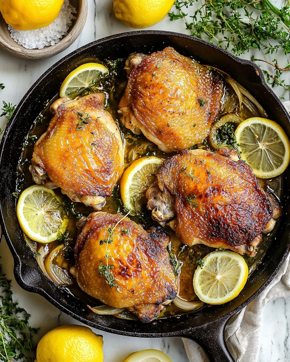 In the image, five golden-brown cooked chicken thighs with crispy skin are arranged in a black cast iron skillet. Thin slices of bright yellow lemon are placed on top and around the chicken, adding a fresh contrast. There are green herbs and cooked onion slices scattered throughout the skillet, creating texture and color. A silver spoon rests near the edge inside the skillet. The skillet is set on a white marbled surface surrounded by some lemon halves, a small bowl of coarse salt with a spoon, and fresh herbs. The warm colors and rustic look give a cozy feeling. Photo taken with an iphone --ar 4:5 --v 6.1